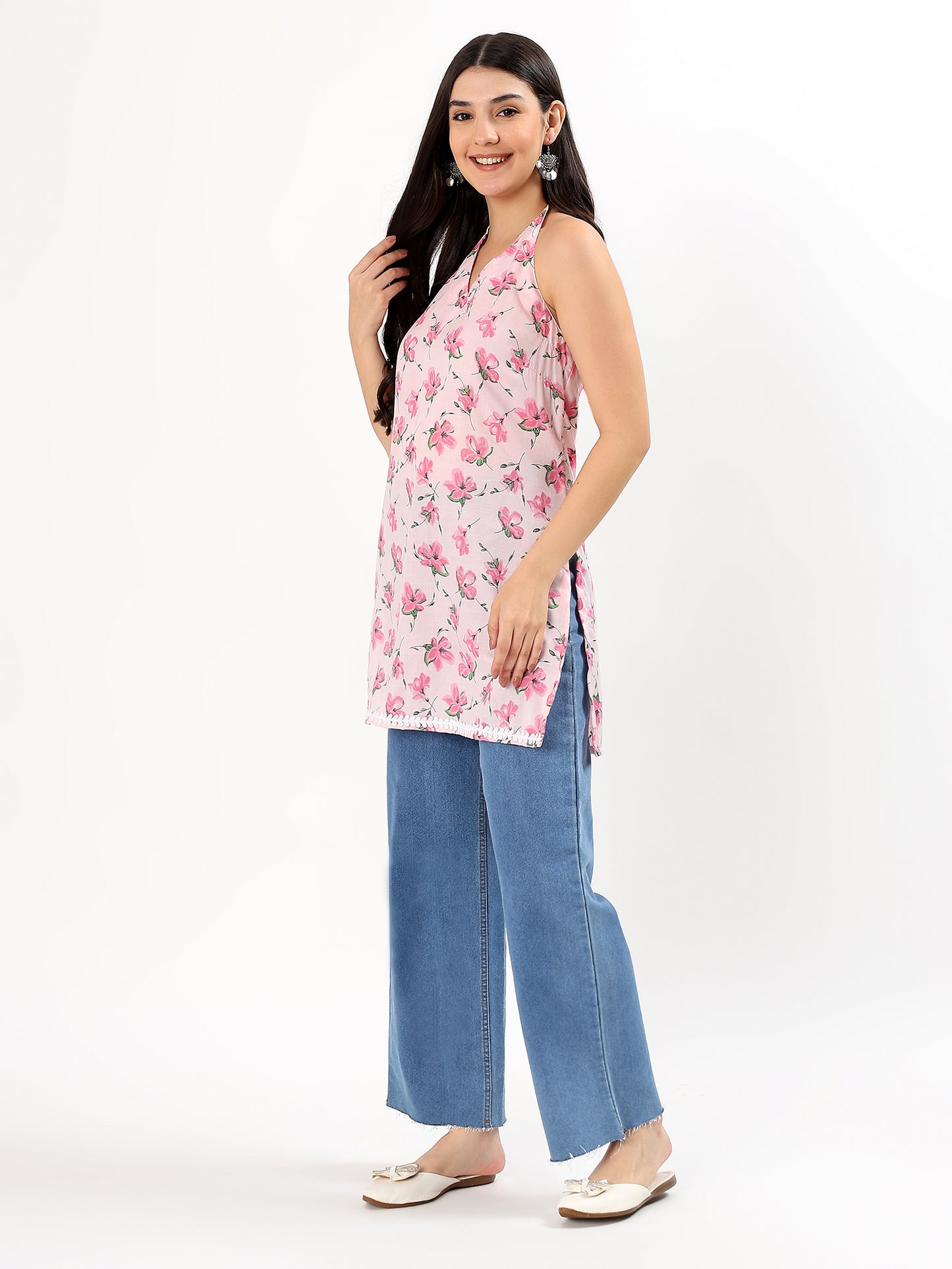 Pink Floral Halter Neck Cotton Top