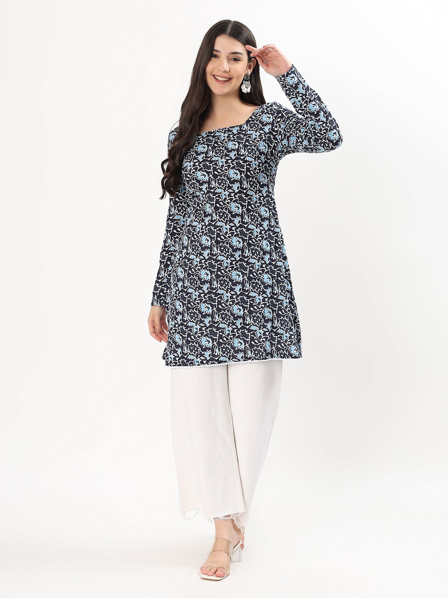 Navy Blue Floral Printed Cotton Kurti