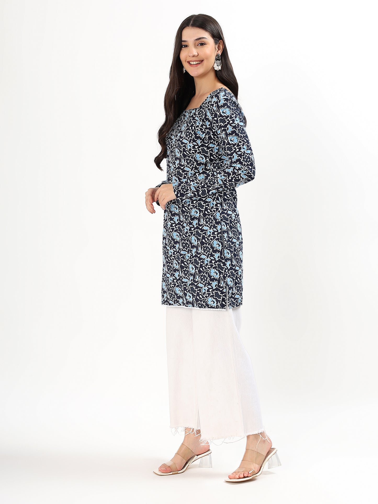 Navy Blue Floral Printed Cotton Kurti