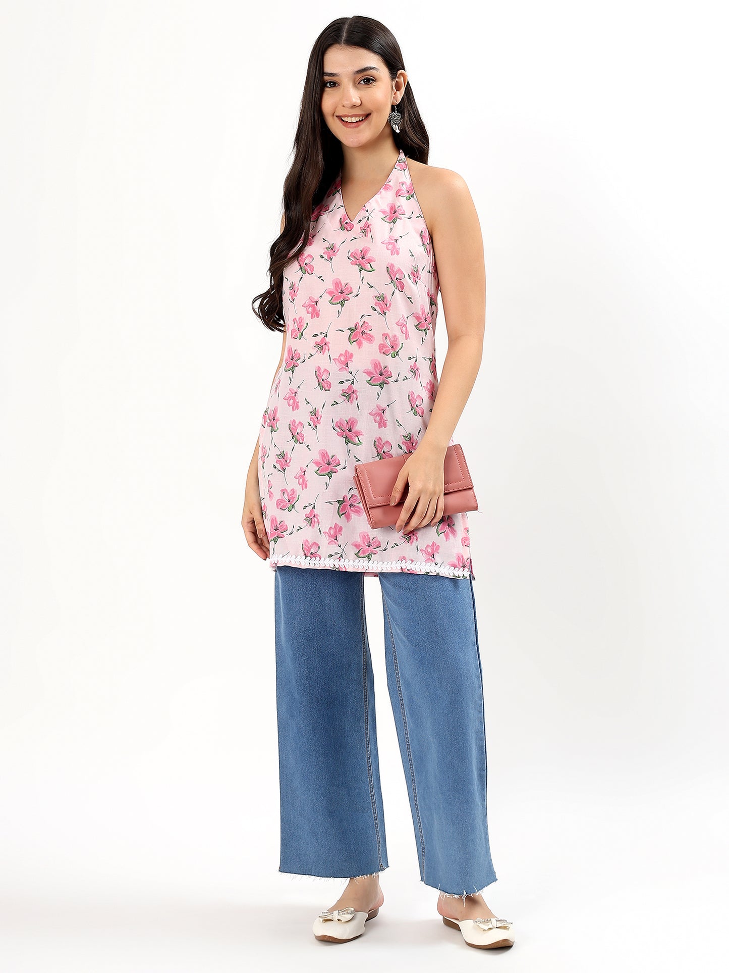 Pink Floral Halter Neck Cotton Top