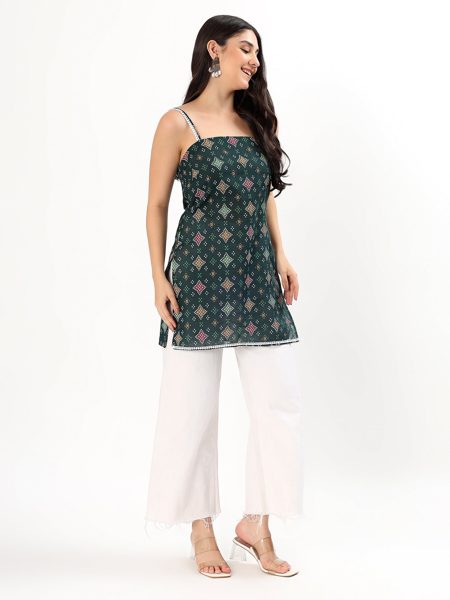 Green Printed Strappy Cotton Top