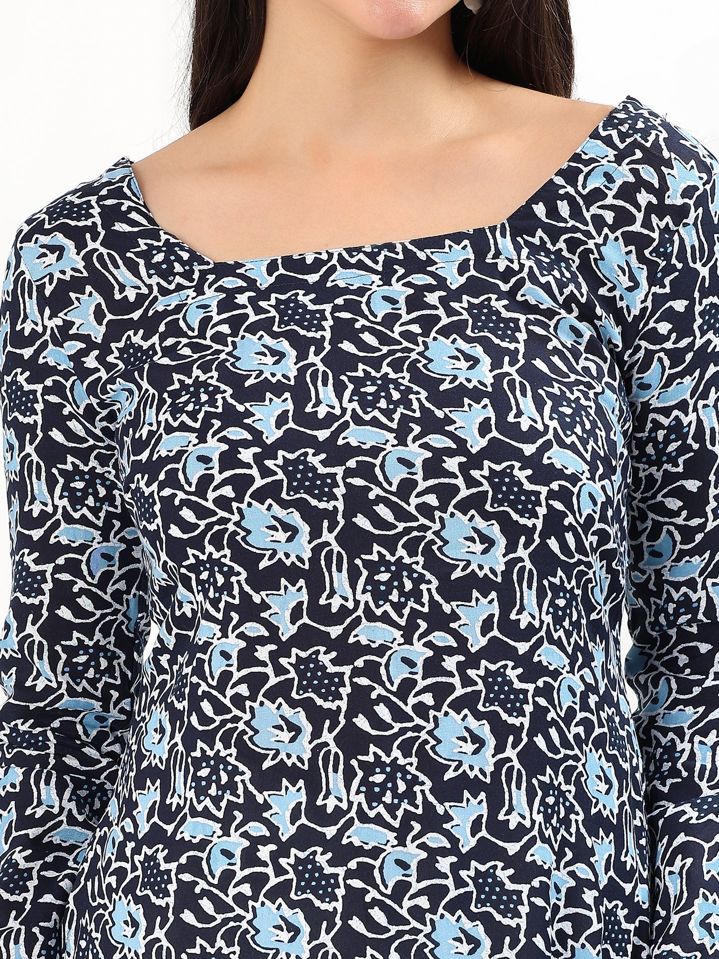 Navy Blue Floral Printed Cotton Kurti