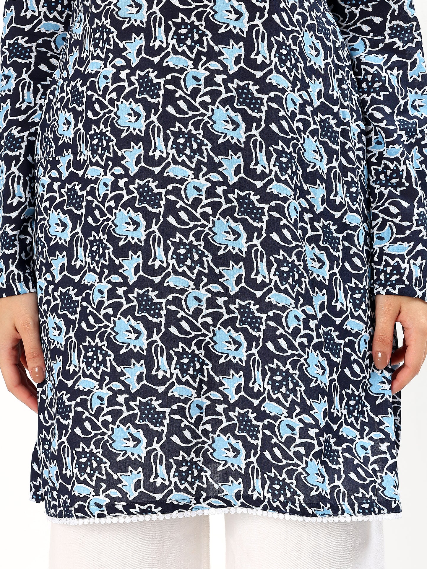 Navy Blue Floral Printed Cotton Kurti