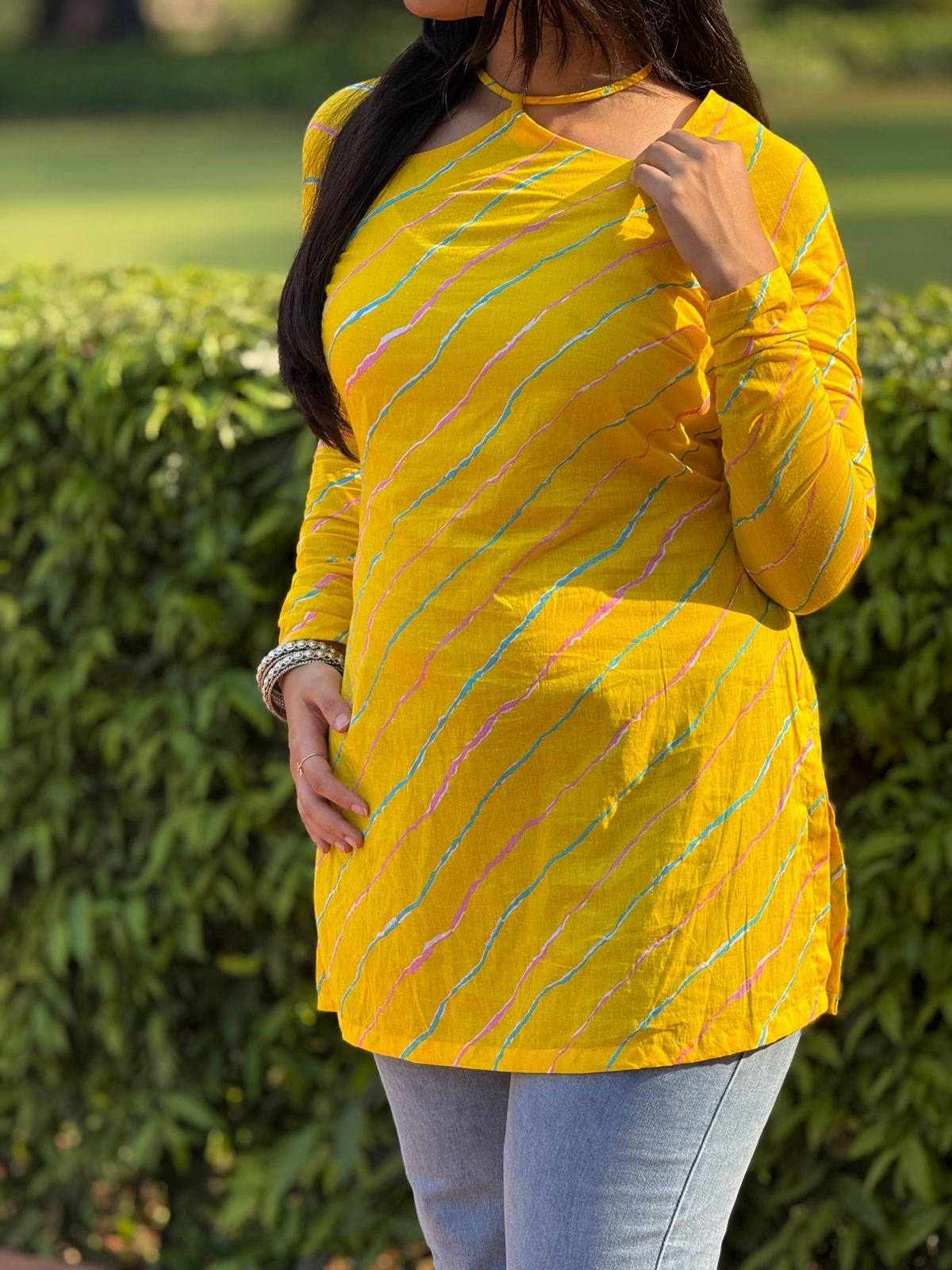 Yellow Cotton Striped Kurti with Shoulder Cut Design