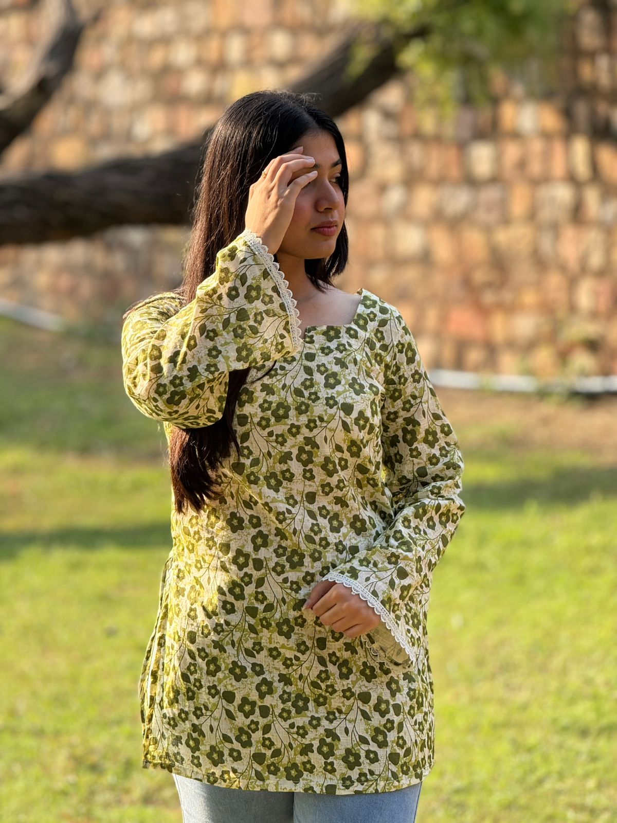 Green Floral Printed Cotton Kurti with Lace Detailing