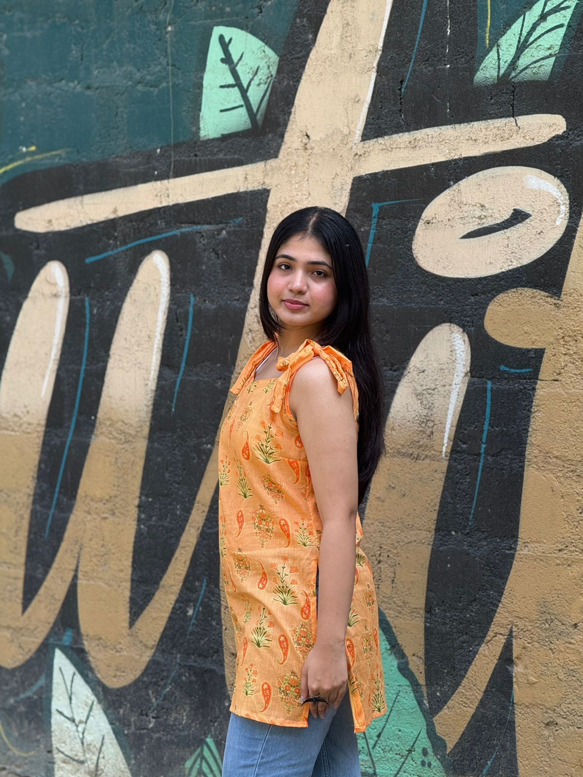 Orange Floral Printed Cotton Kurti with Tie-Up Shoulder Straps