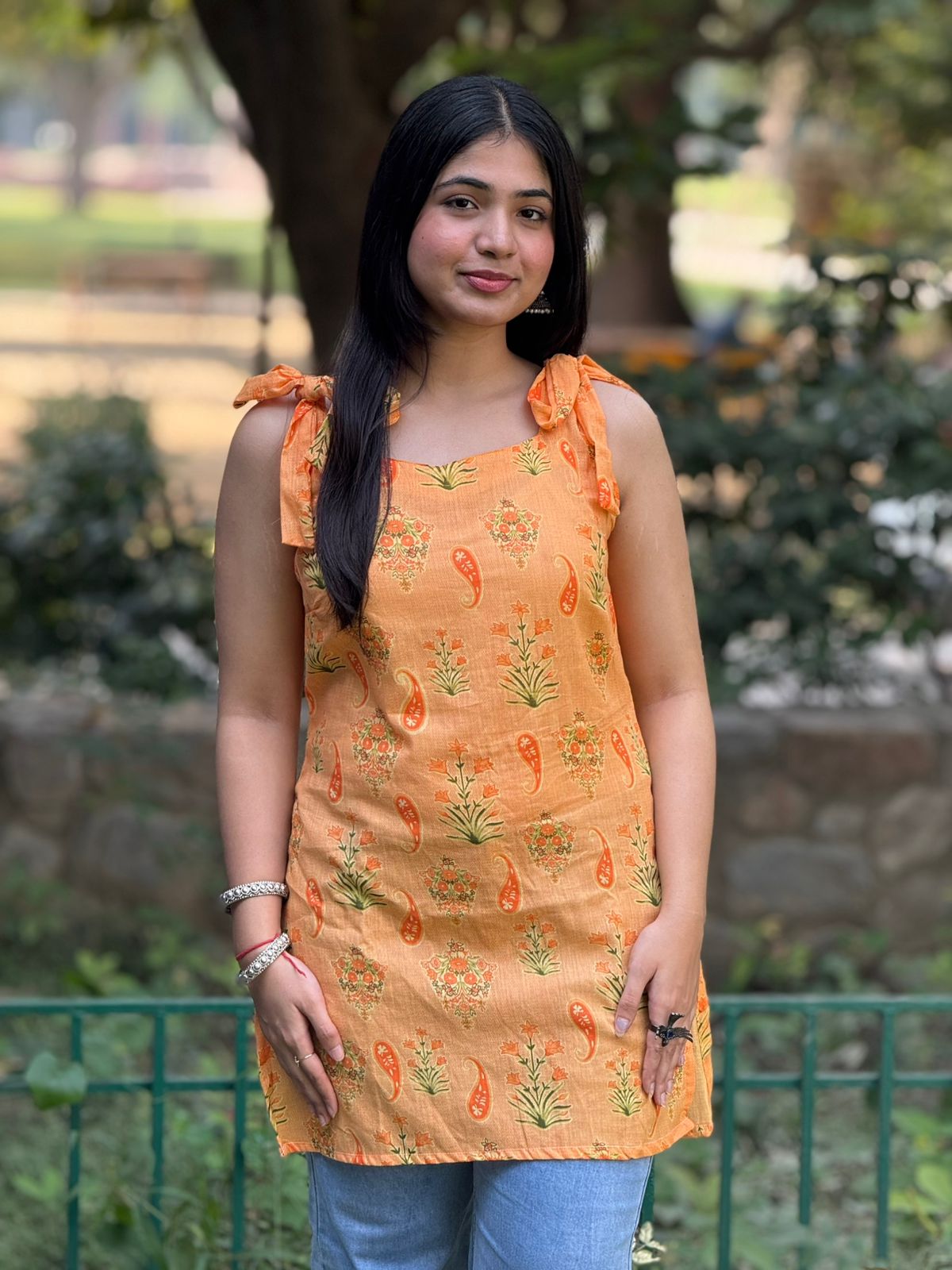 Orange Floral Printed Cotton Kurti with Tie-Up Shoulder Straps