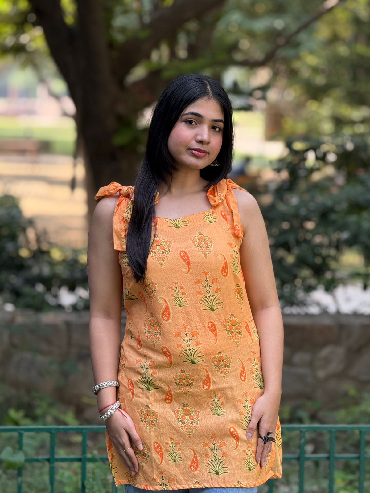 Orange Floral Printed Cotton Kurti with Tie-Up Shoulder Straps