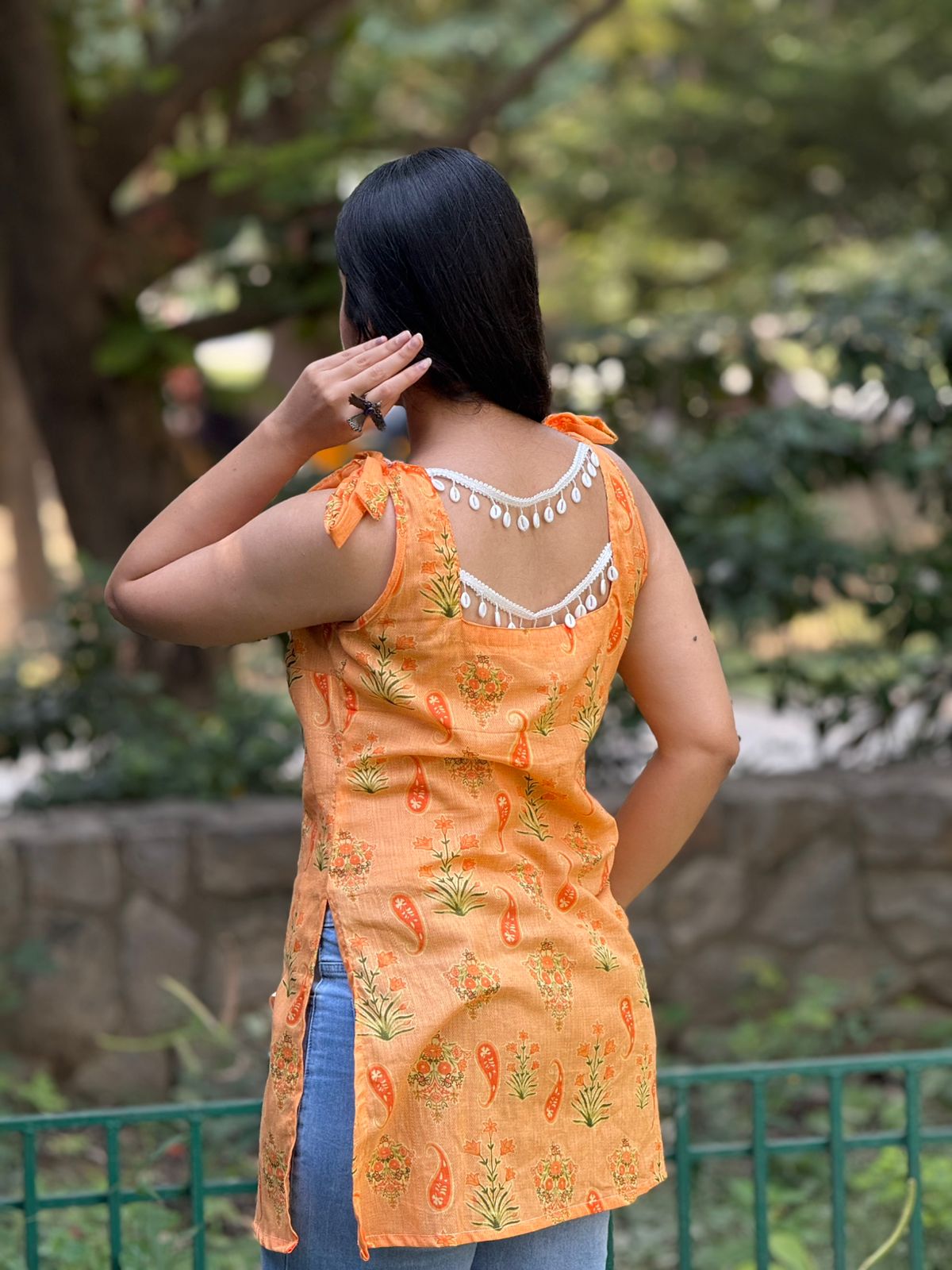 Orange Floral Printed Cotton Kurti with Tie-Up Shoulder Straps