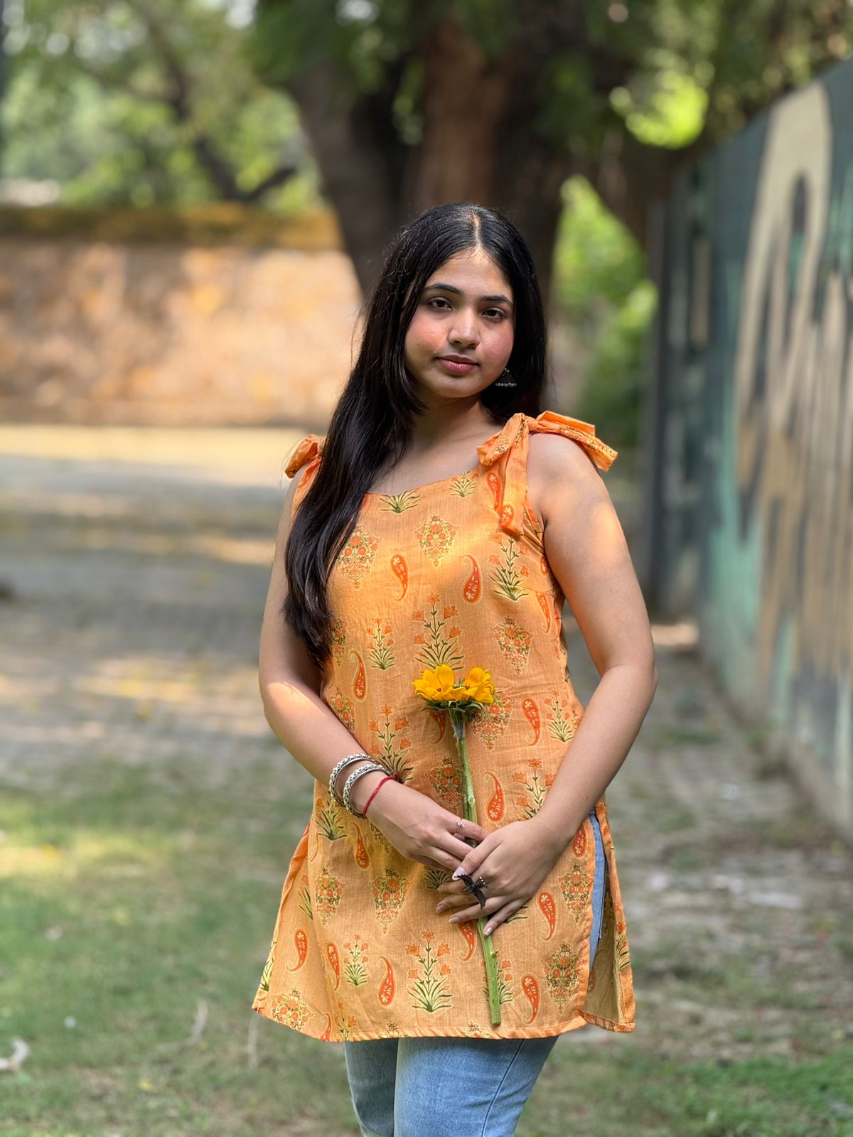 Orange Floral Printed Cotton Kurti with Tie-Up Shoulder Straps