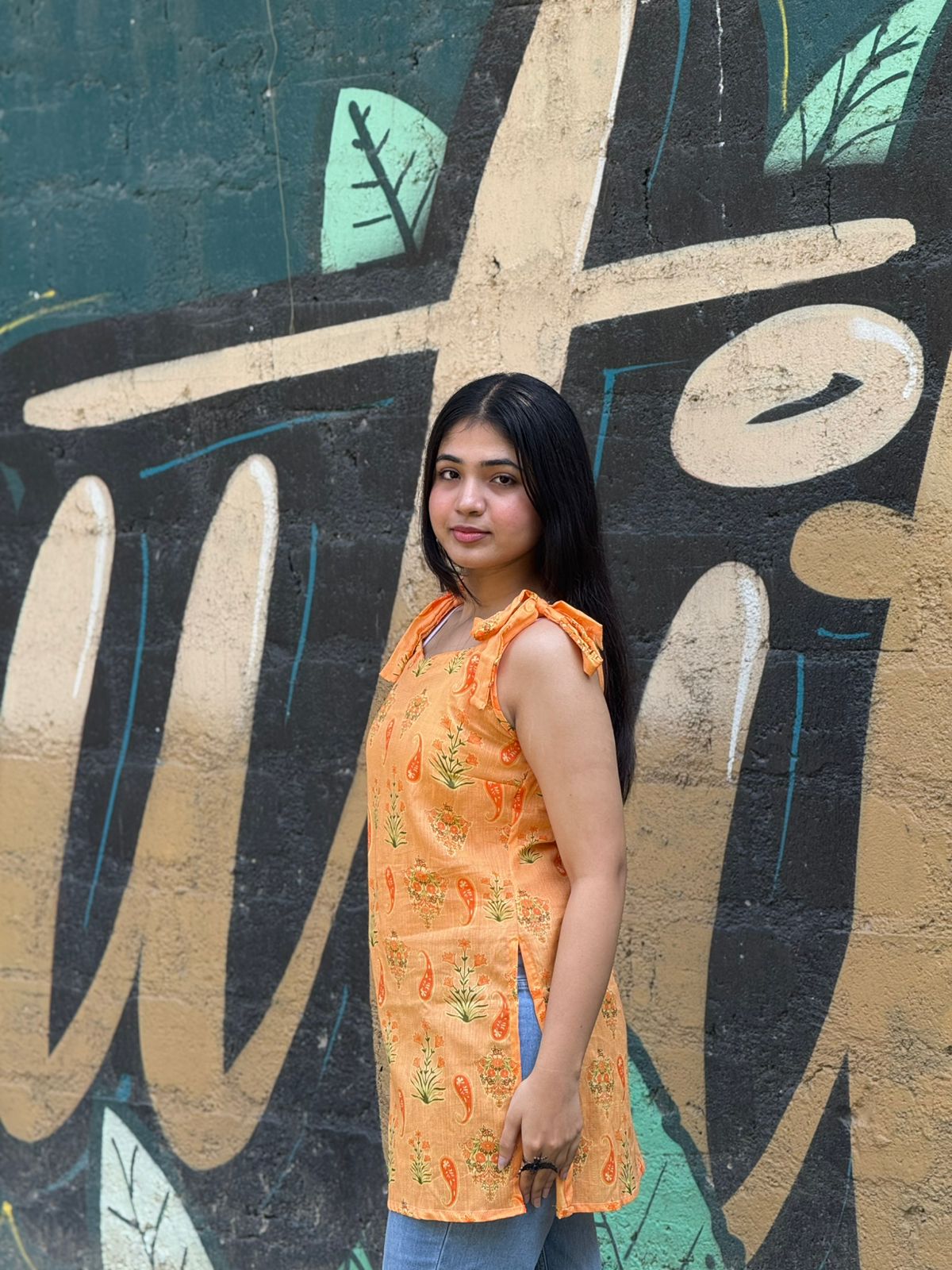Orange Floral Printed Cotton Kurti with Tie-Up Shoulder Straps