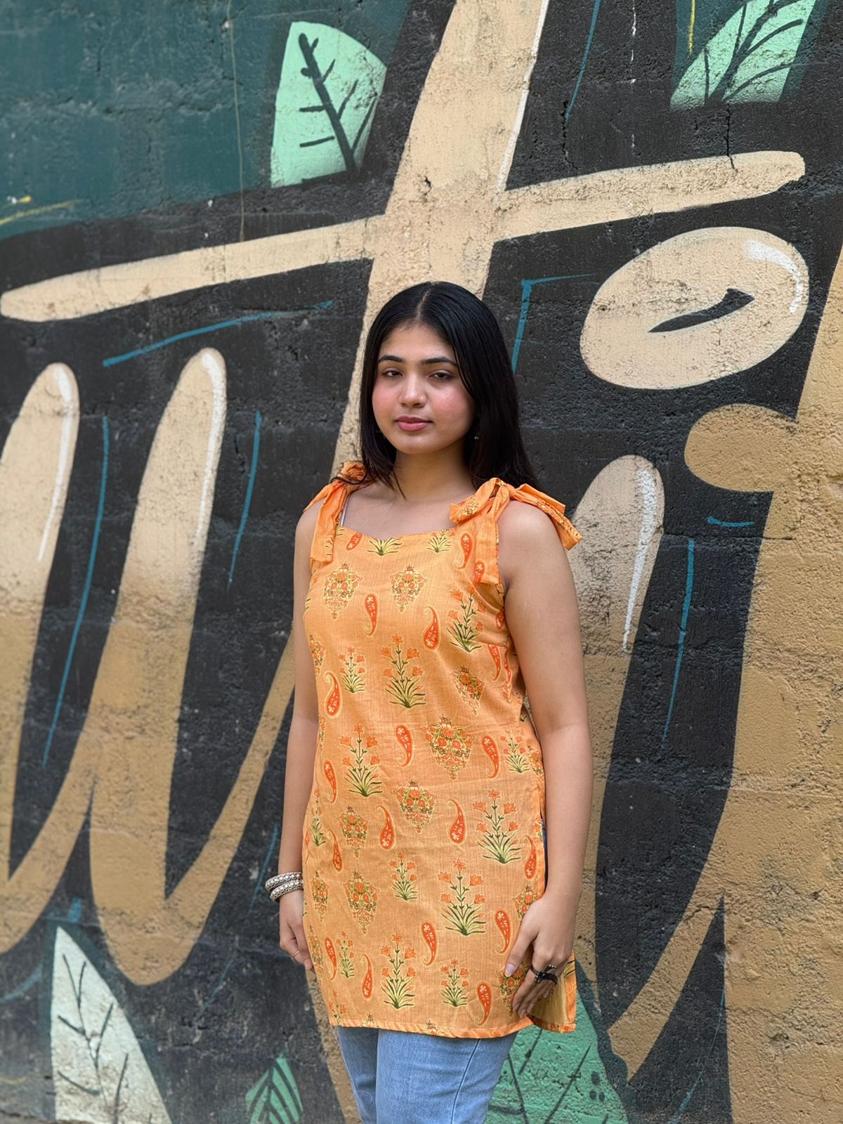 Orange Floral Printed Cotton Kurti with Tie-Up Shoulder Straps