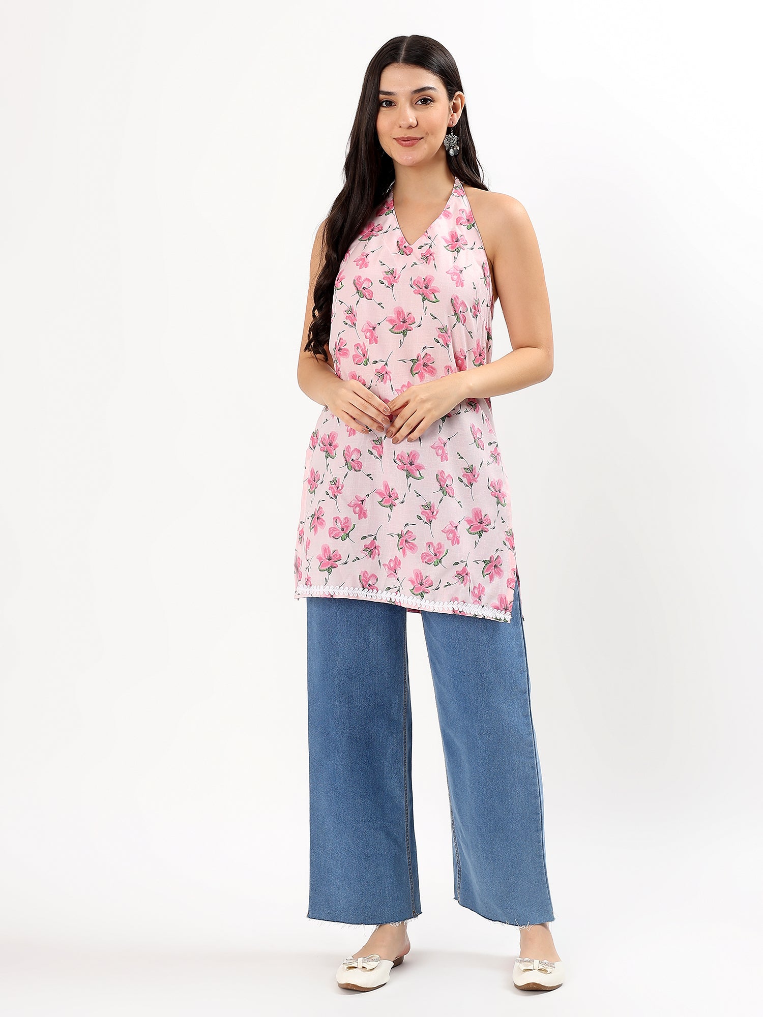 Pink Floral Halter Neck Cotton Top