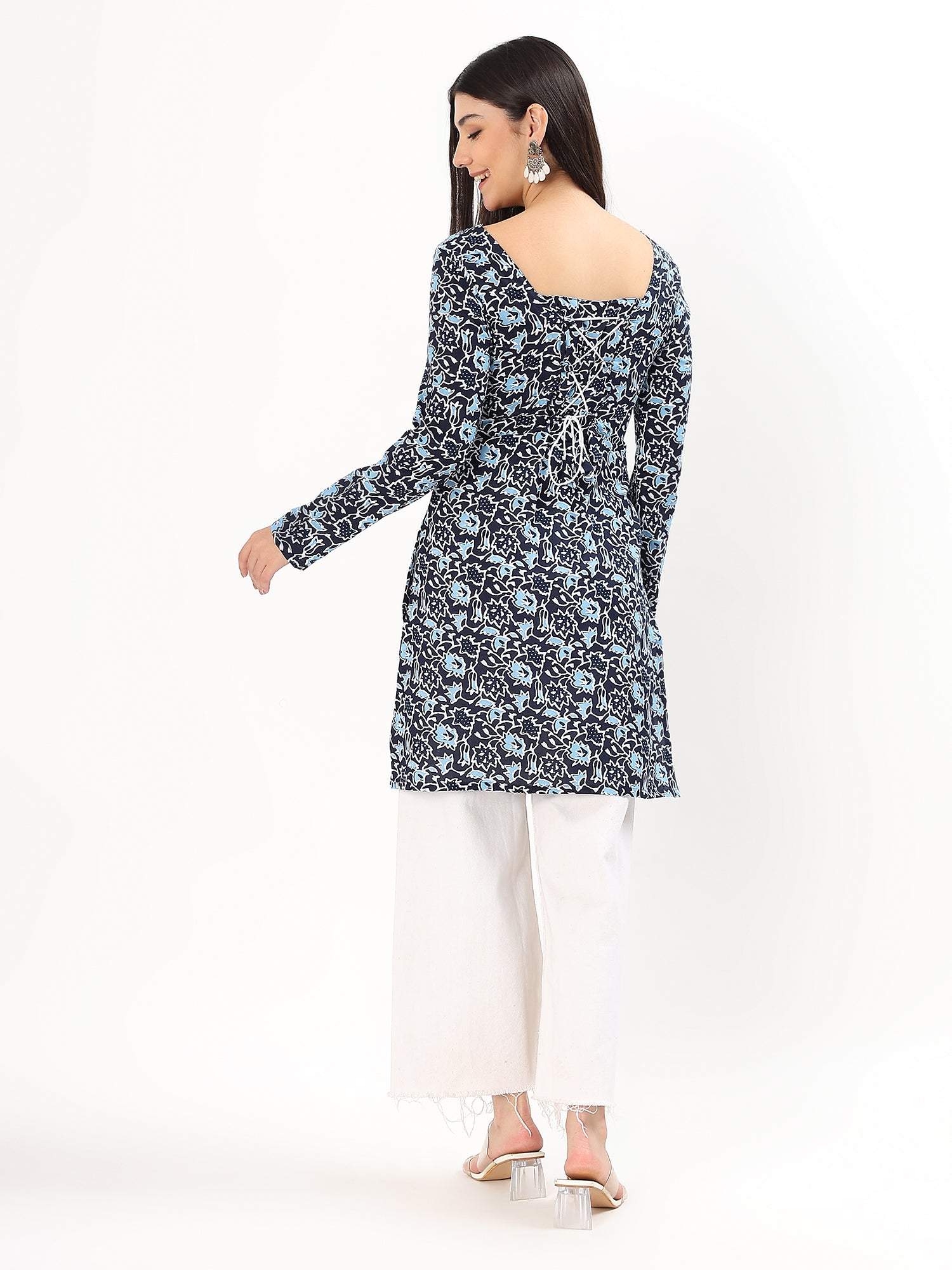 Navy Blue Floral Printed Cotton Kurti