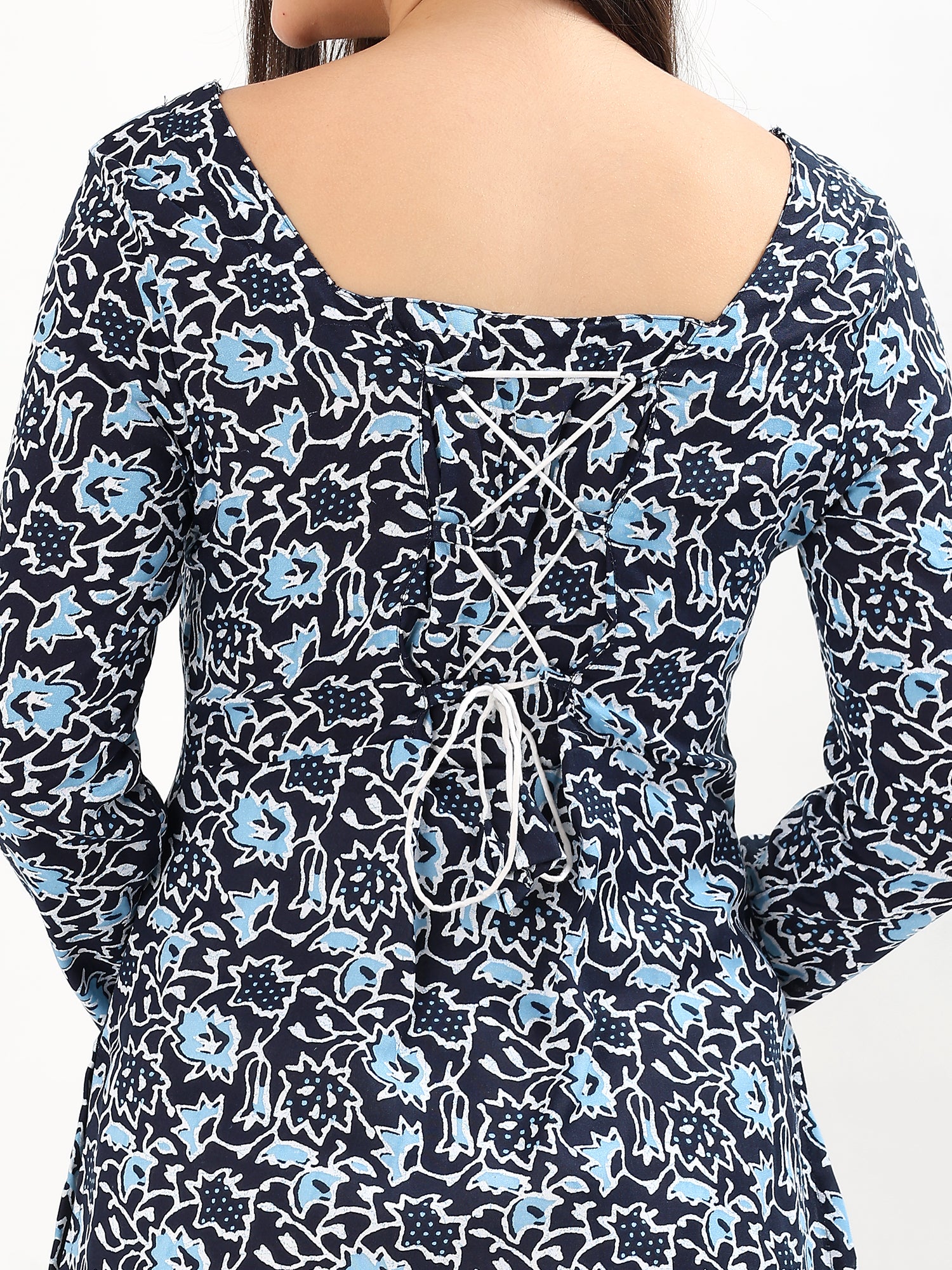 Navy Blue Floral Printed Cotton Kurti