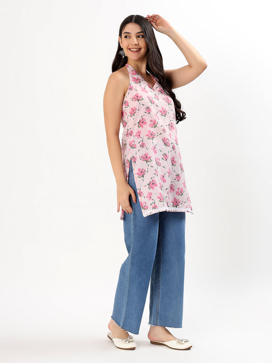 Pink Floral Halter Neck Cotton Top