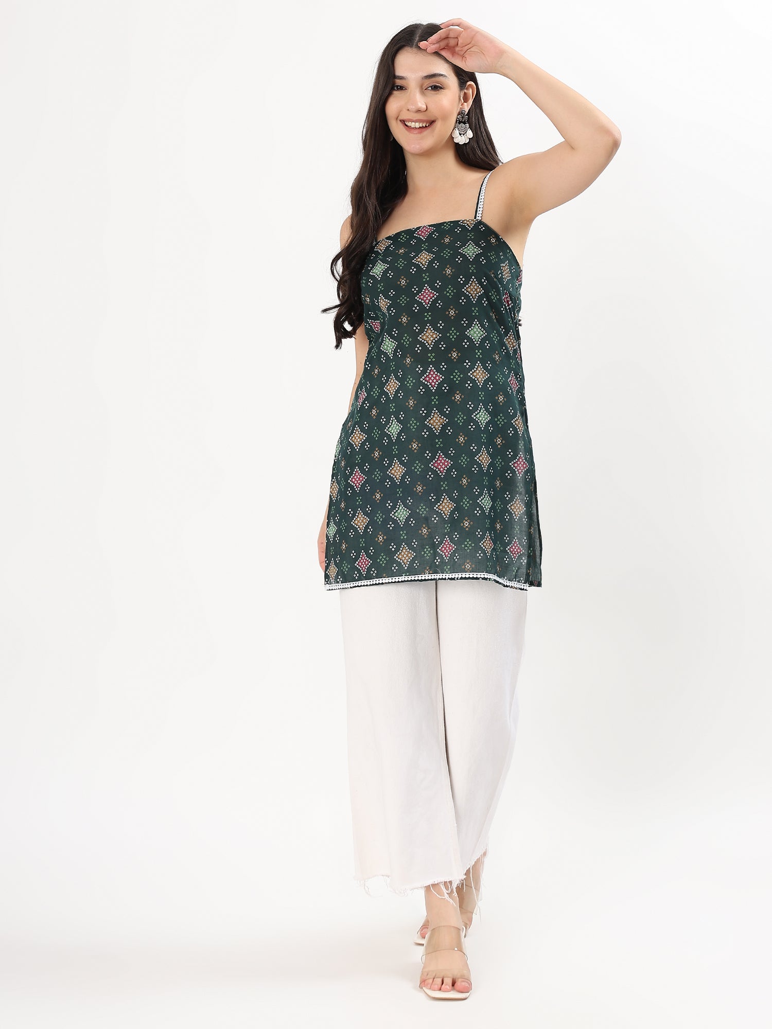 Green Printed Strappy Cotton Top
