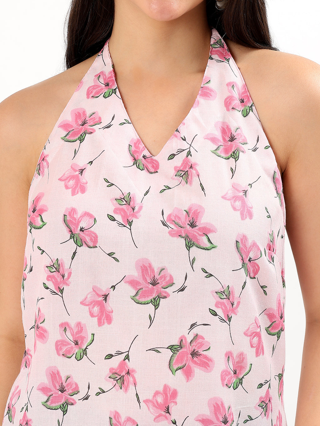Pink Floral Halter Neck Cotton Top