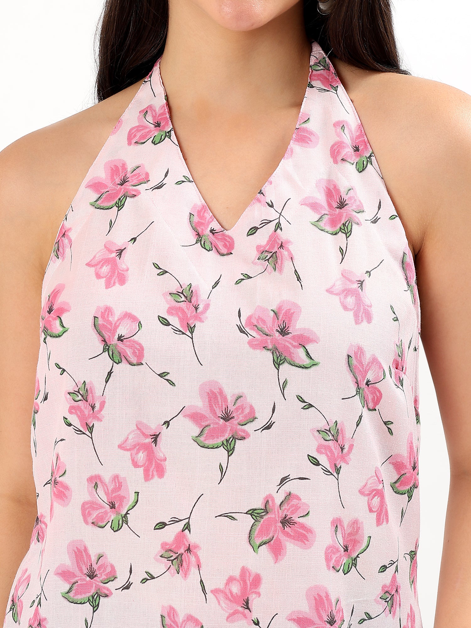 Pink Floral Halter Neck Cotton Top
