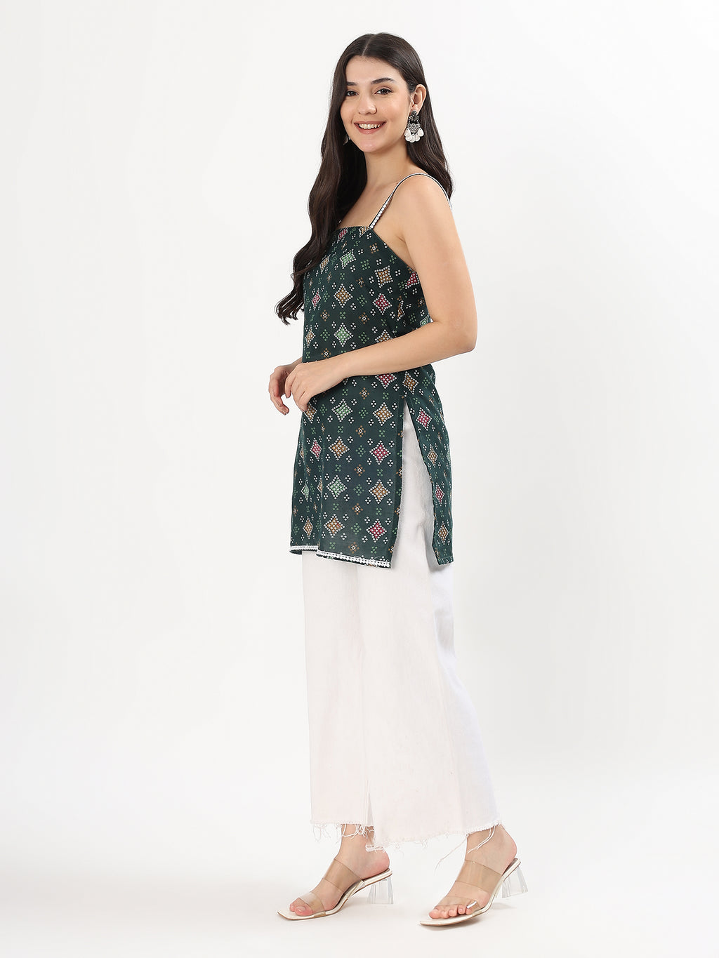 Green Printed Strappy Cotton Top