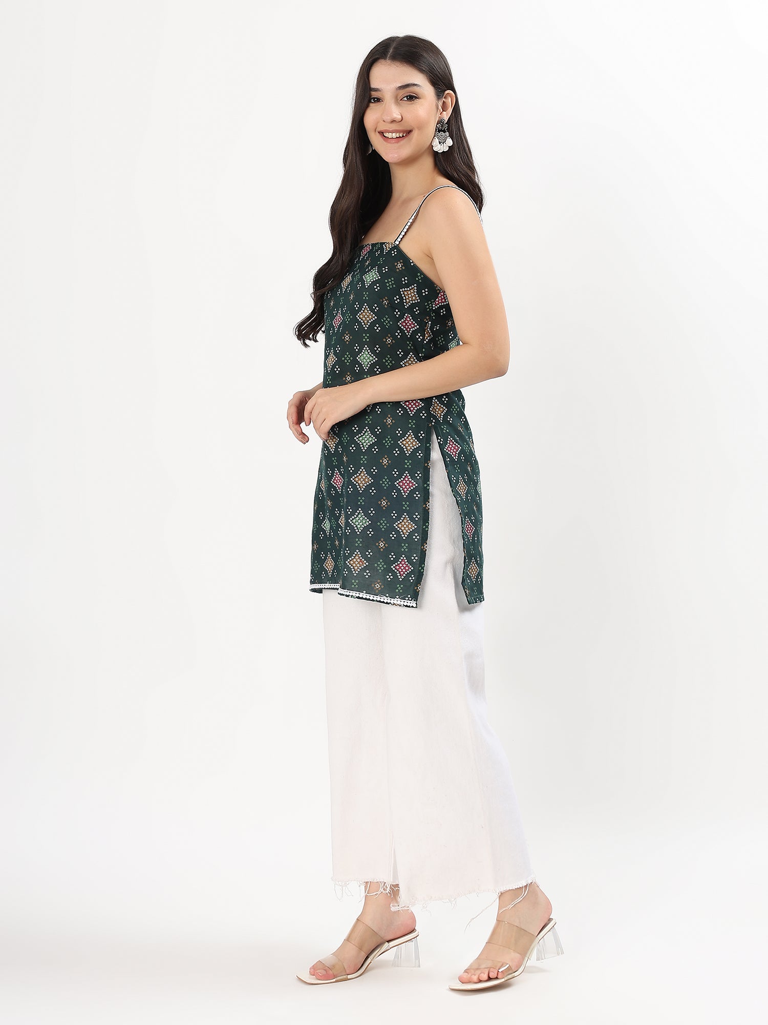 Green Printed Strappy Cotton Top