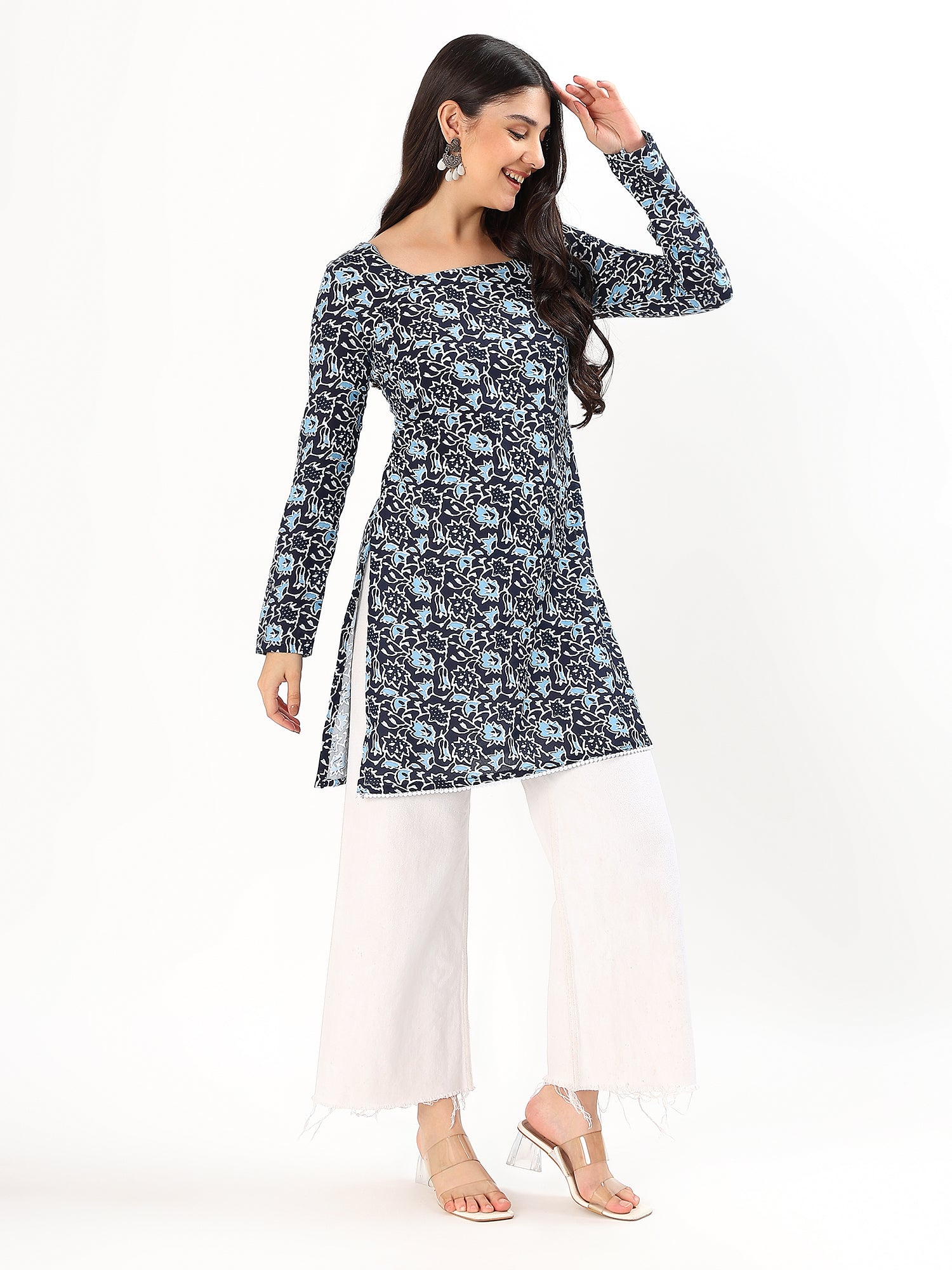 Navy Blue Floral Printed Cotton Kurti