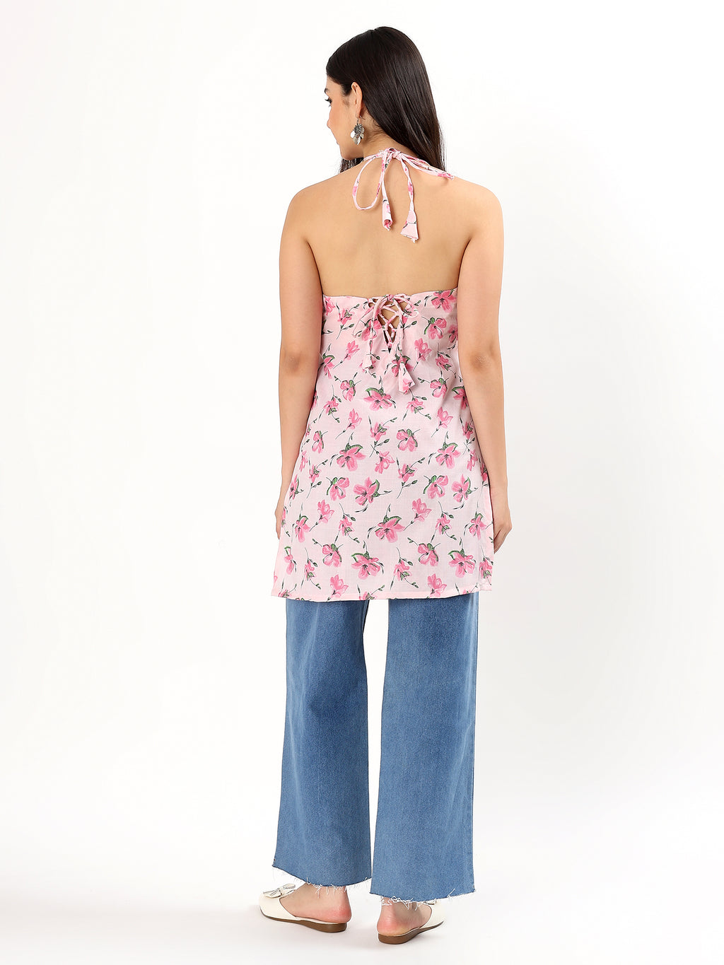 Pink Floral Halter Neck Cotton Top