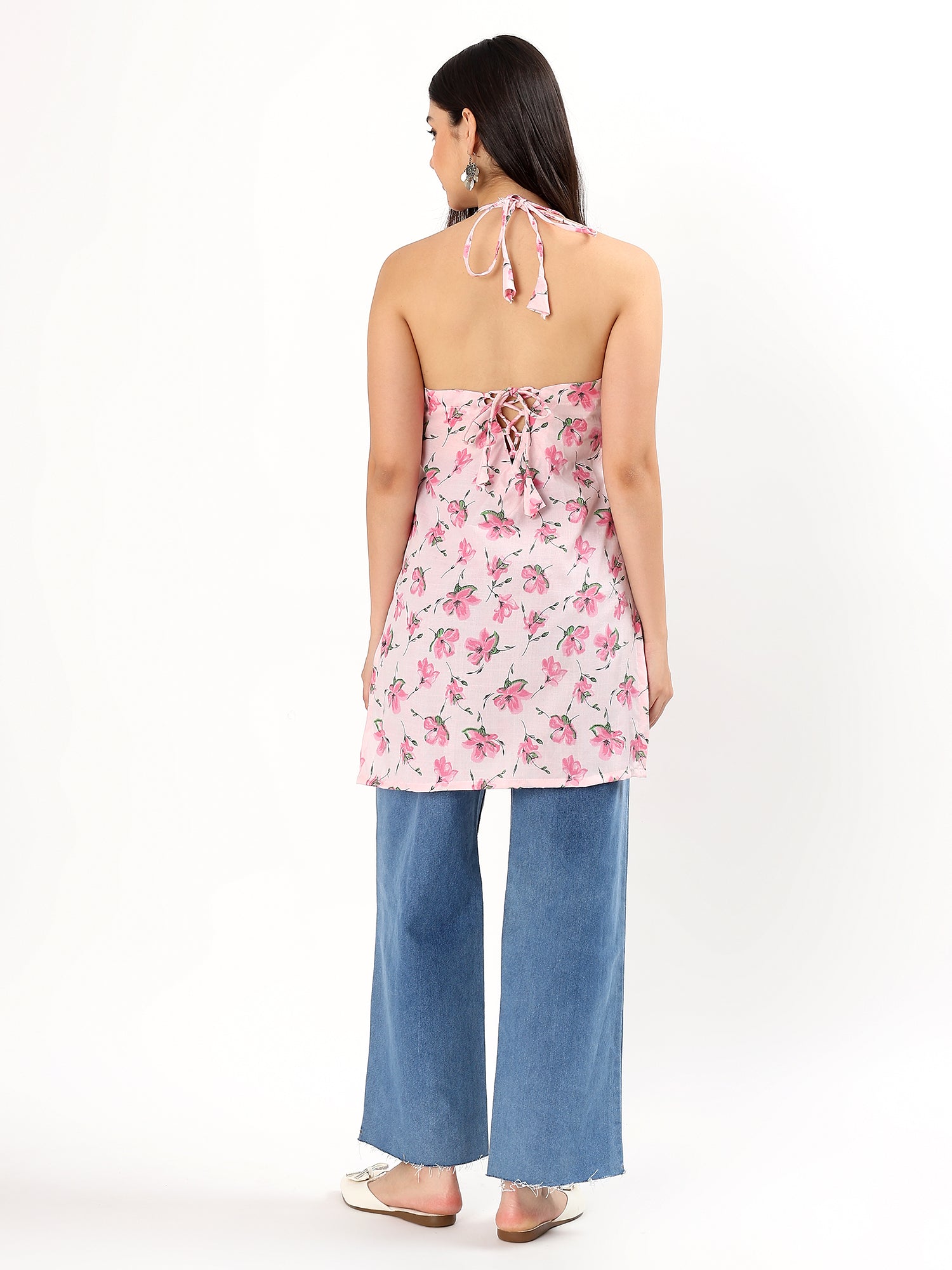 Pink Floral Halter Neck Cotton Top