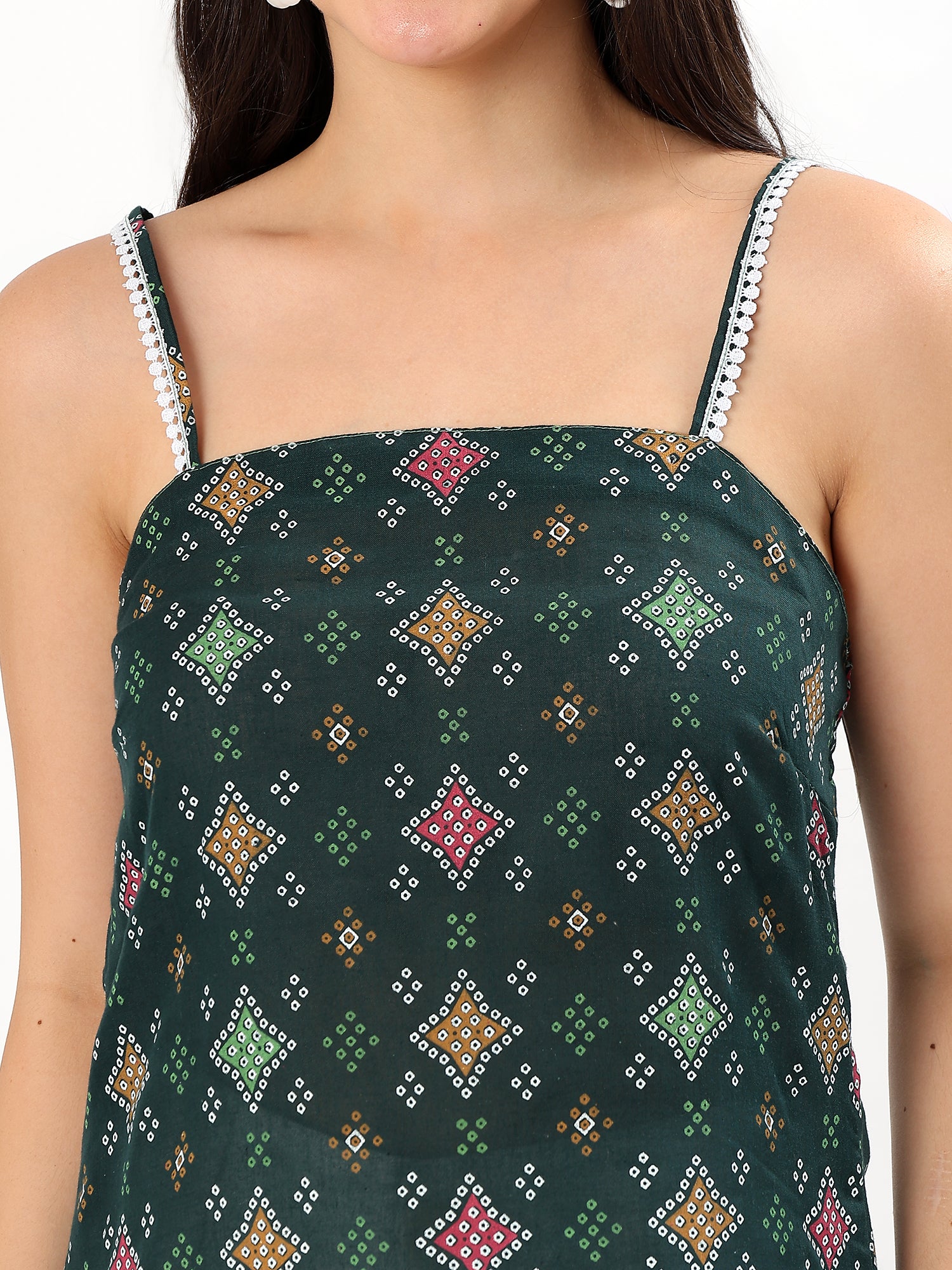 Green Printed Strappy Cotton Top