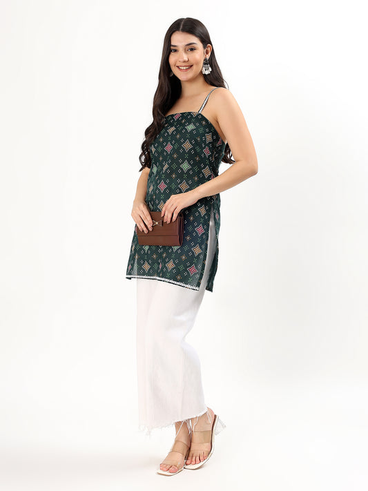 Green Printed Strappy Cotton Top