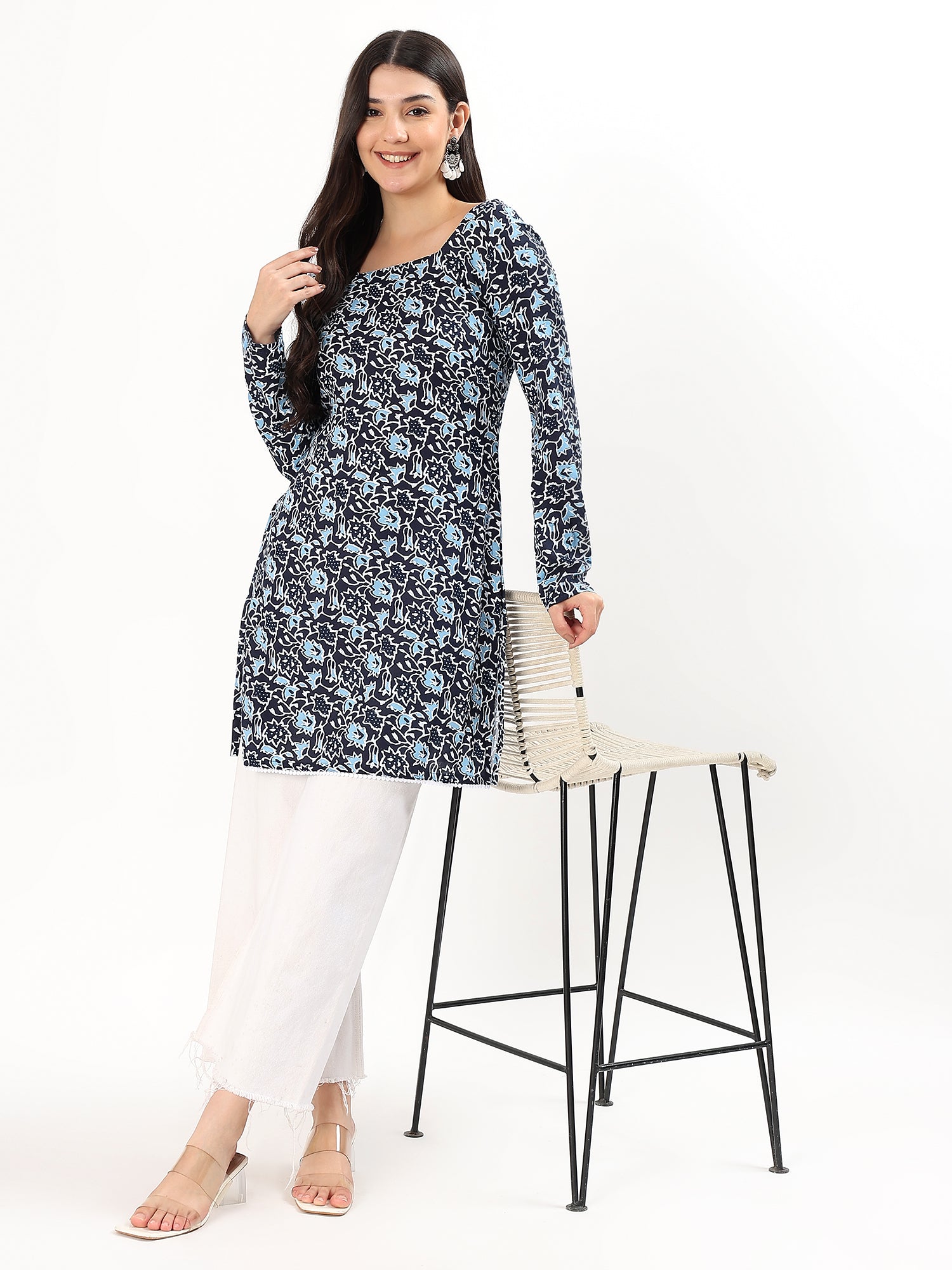 Navy Blue Floral Printed Cotton Kurti