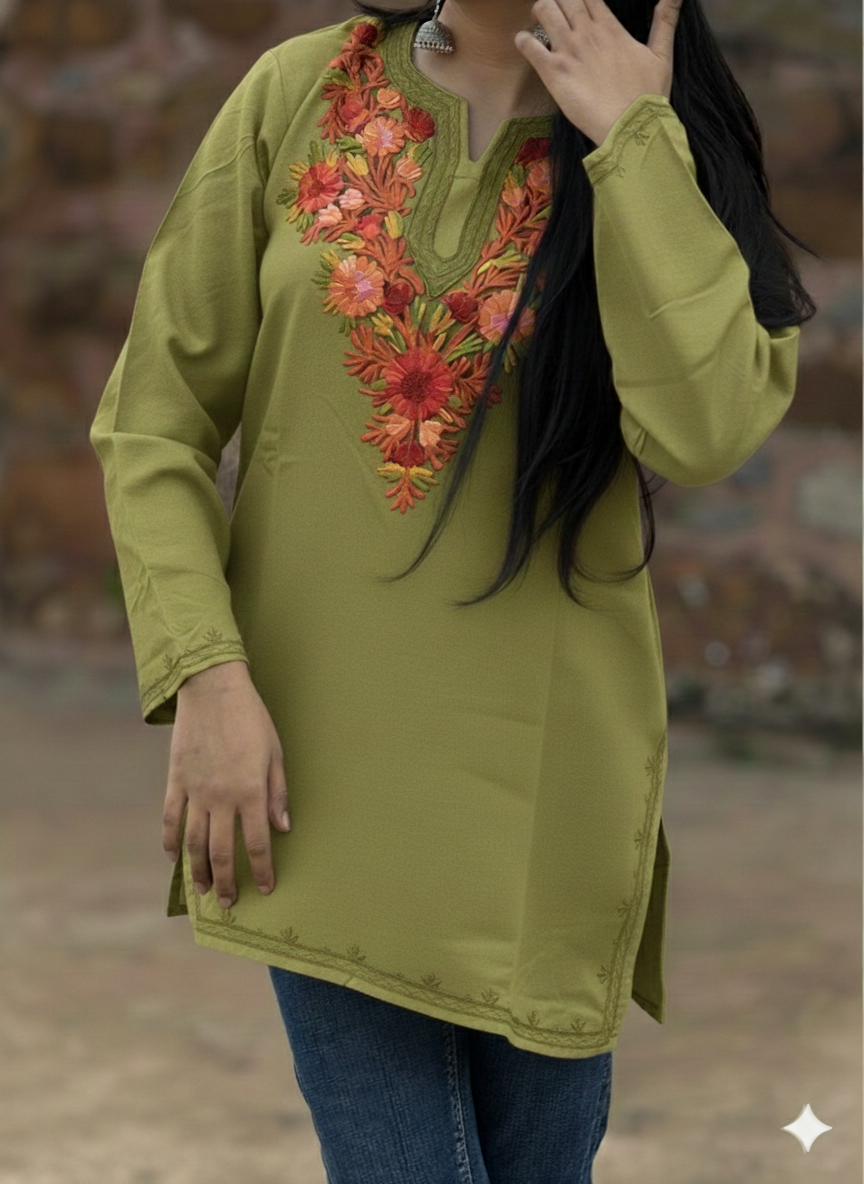 Light Green Floral Kashmiri Embroidered Kurti- Elegant Ethnic wear
