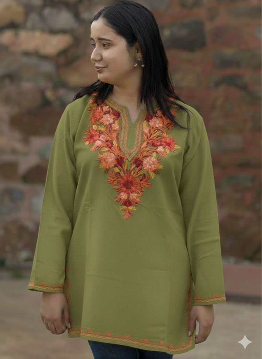 Light Green Floral Kashmiri Embroidered Kurti- Elegant Ethnic wear