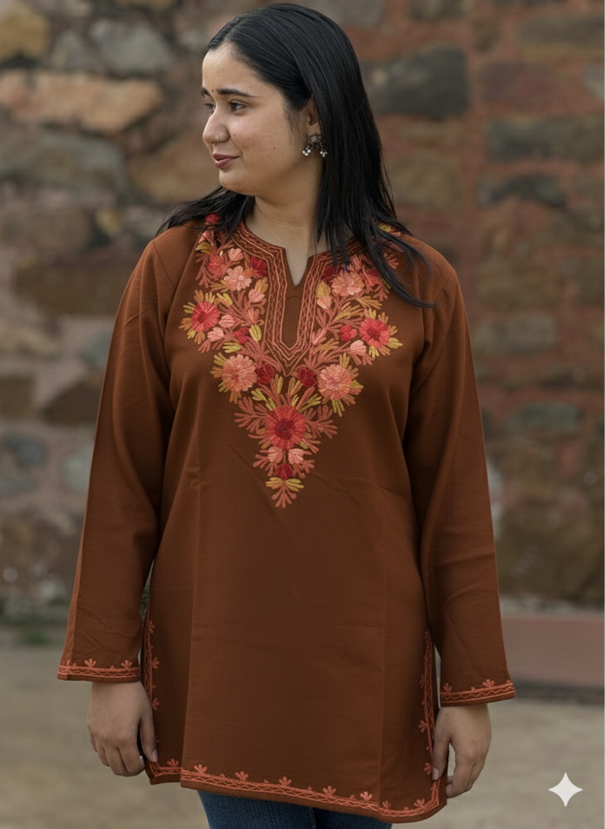 Chocolate brown Floral Kashmiri embroidered short Kurti- Elegant everyday wear