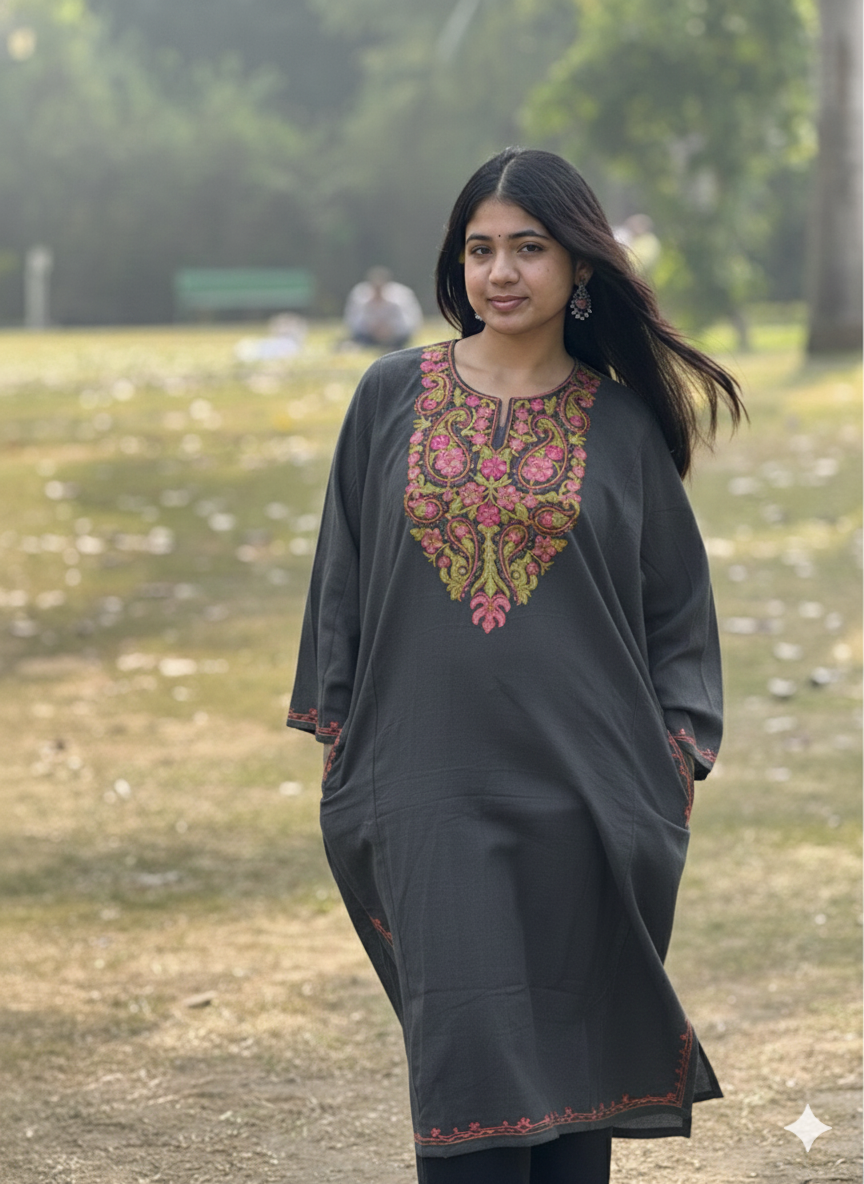 Dark Gray Color Kashmiri Pheran Embroidered with Multicolor Threads- Elegant Ethnic Wear