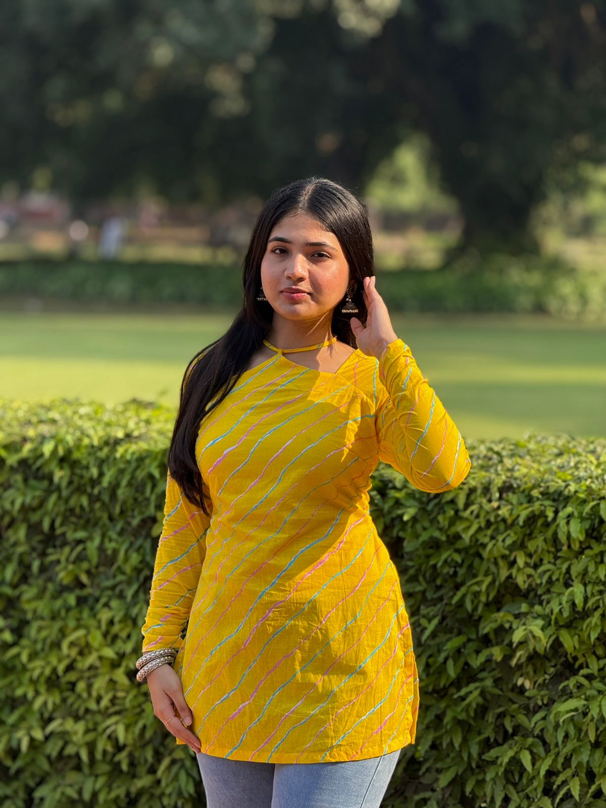 Yellow Cotton Striped Kurti with Shoulder Cut Design