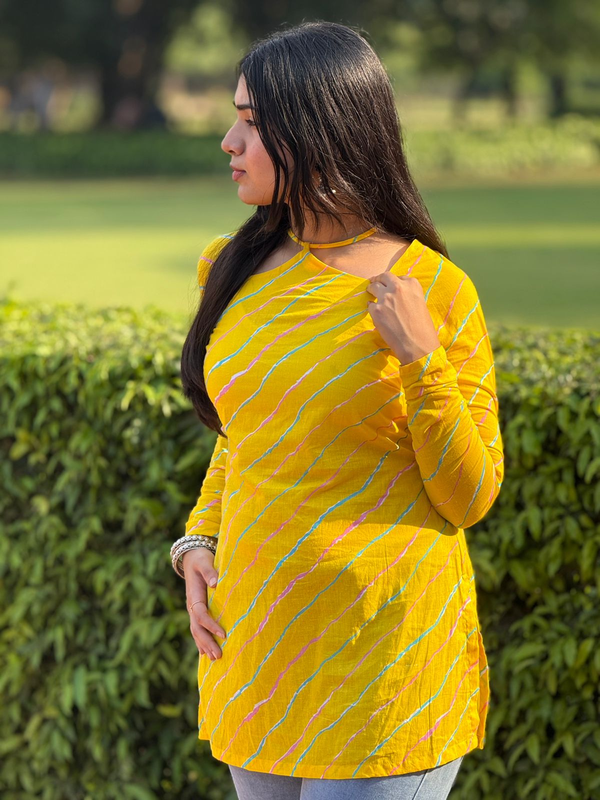 Yellow Cotton Striped Kurti with Shoulder Cut Design