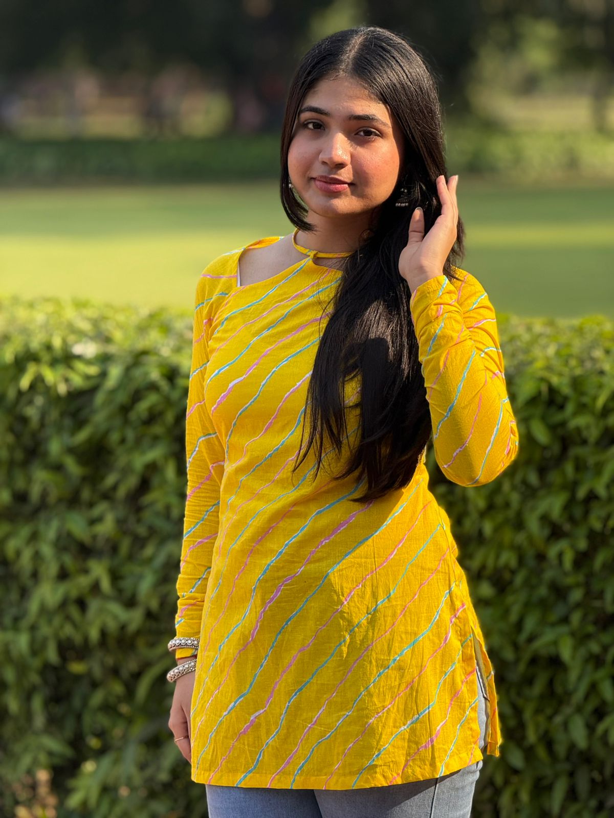 Yellow Cotton Striped Kurti with Shoulder Cut Design