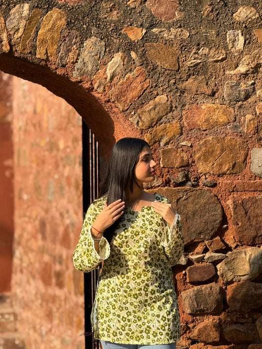 Green Floral Printed Cotton Kurti with Lace Detailing