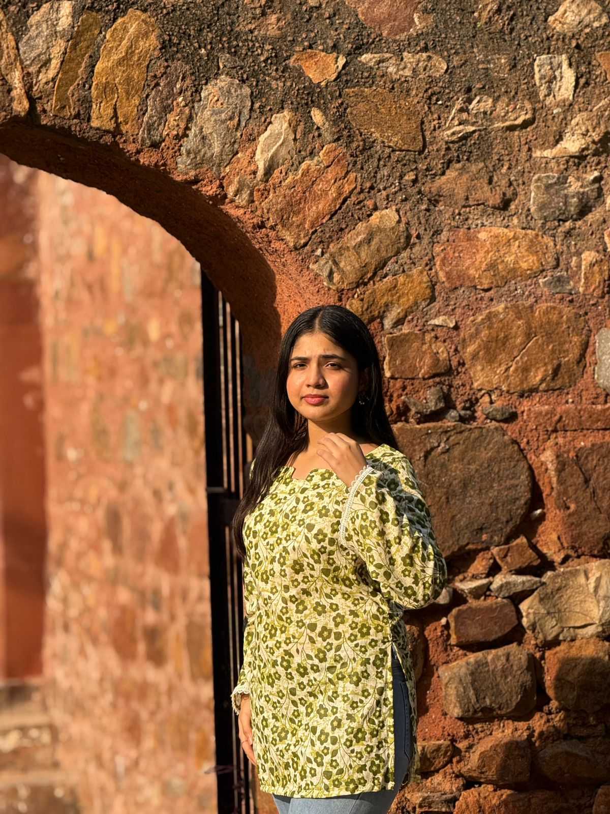 Green Floral Printed Cotton Kurti with Lace Detailing