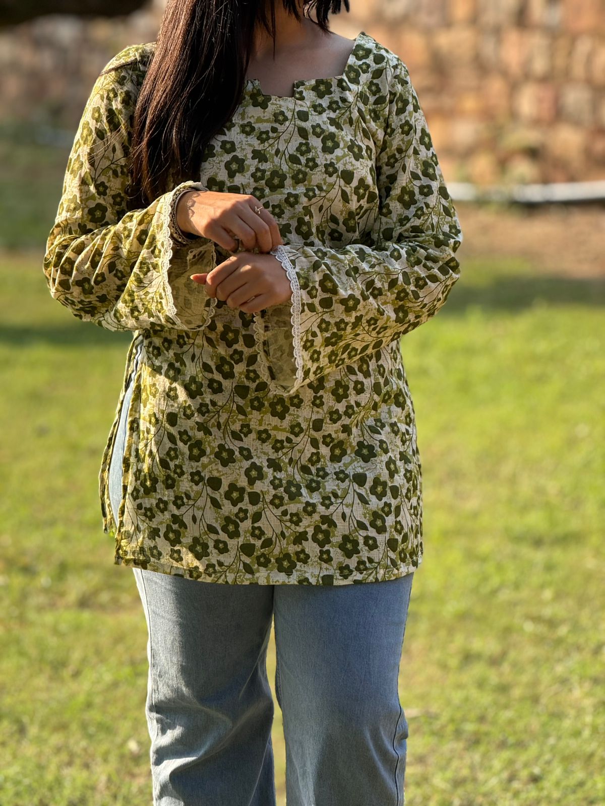 Green Floral Printed Cotton Kurti with Lace Detailing