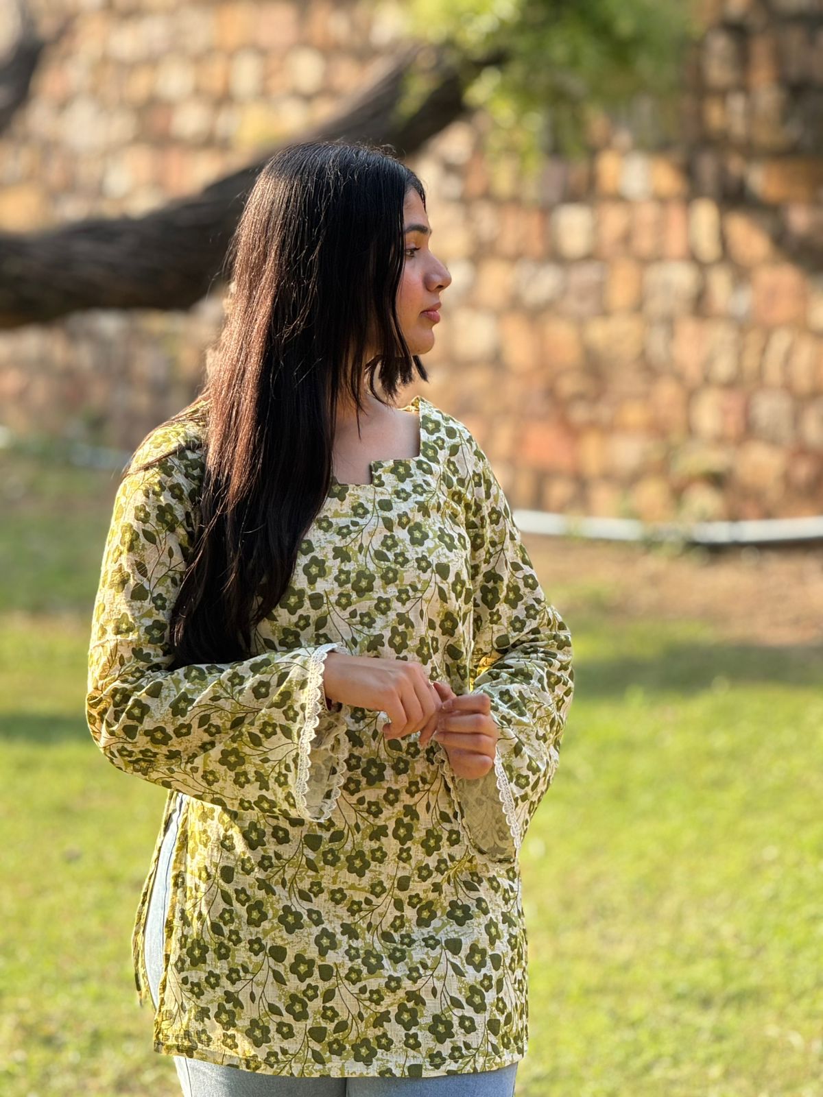 Green Floral Printed Cotton Kurti with Lace Detailing