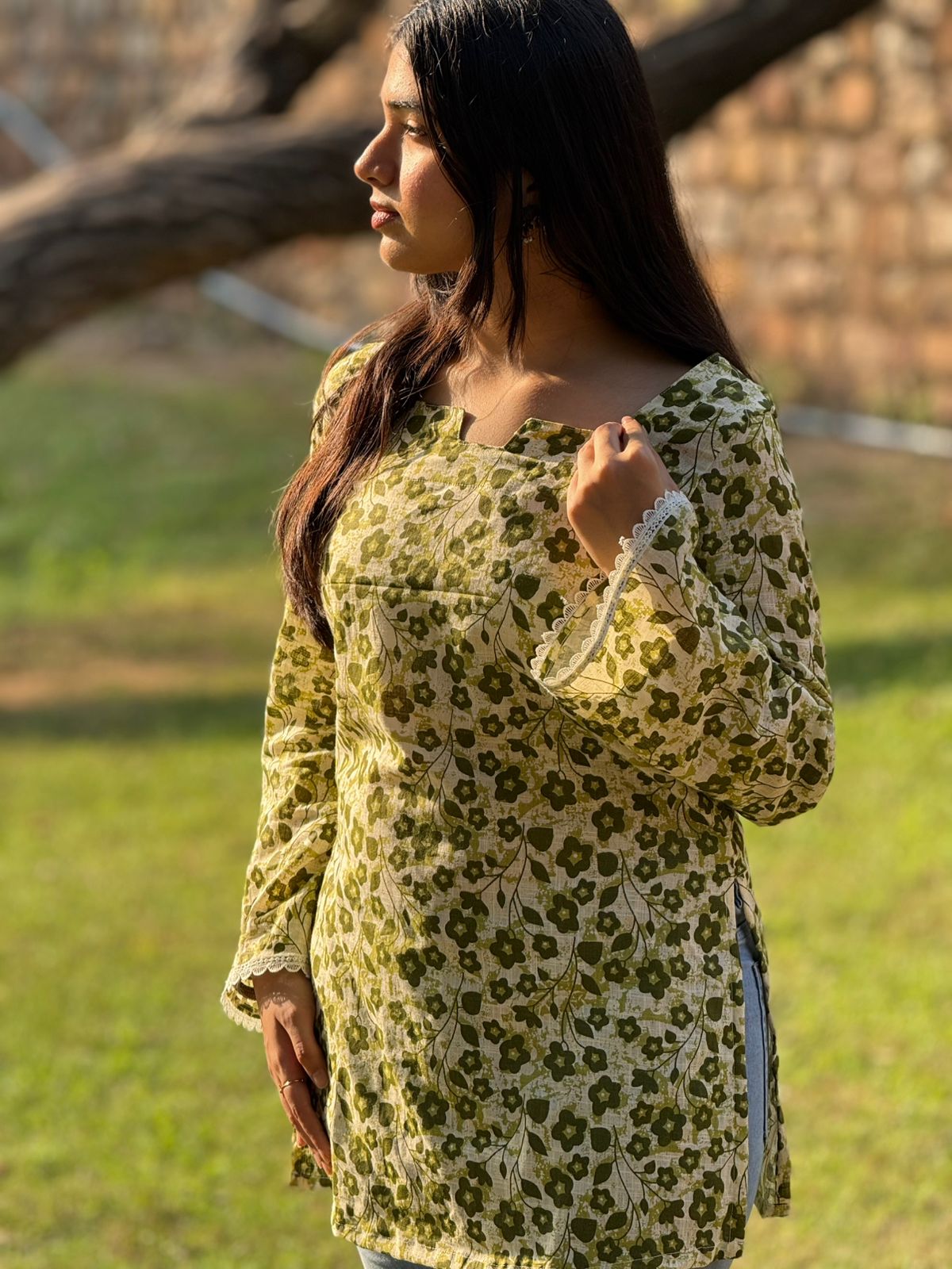 Green Floral Printed Cotton Kurti with Lace Detailing