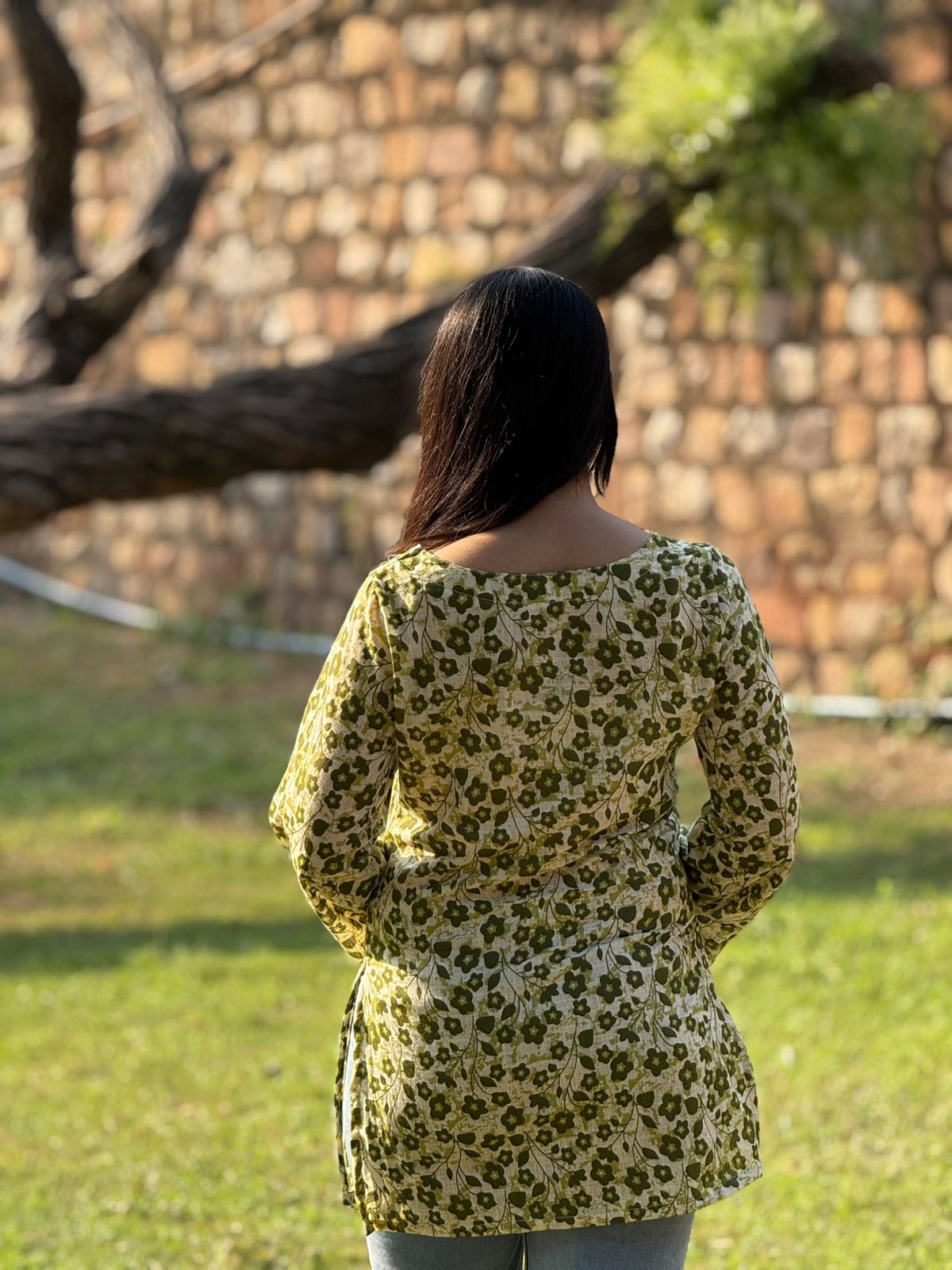 Green Floral Printed Cotton Kurti with Lace Detailing