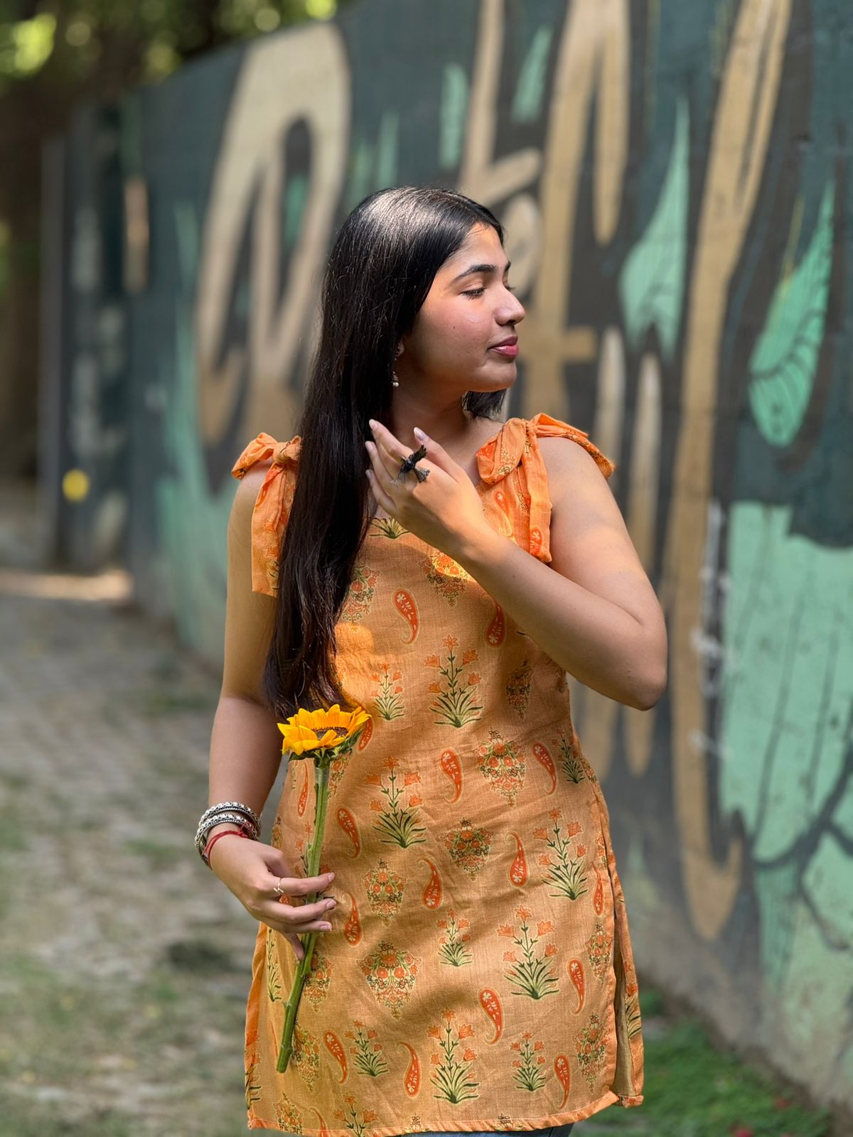 Orange Floral Printed Cotton Kurti with Tie-Up Shoulder to Straps with lace detailing at back
