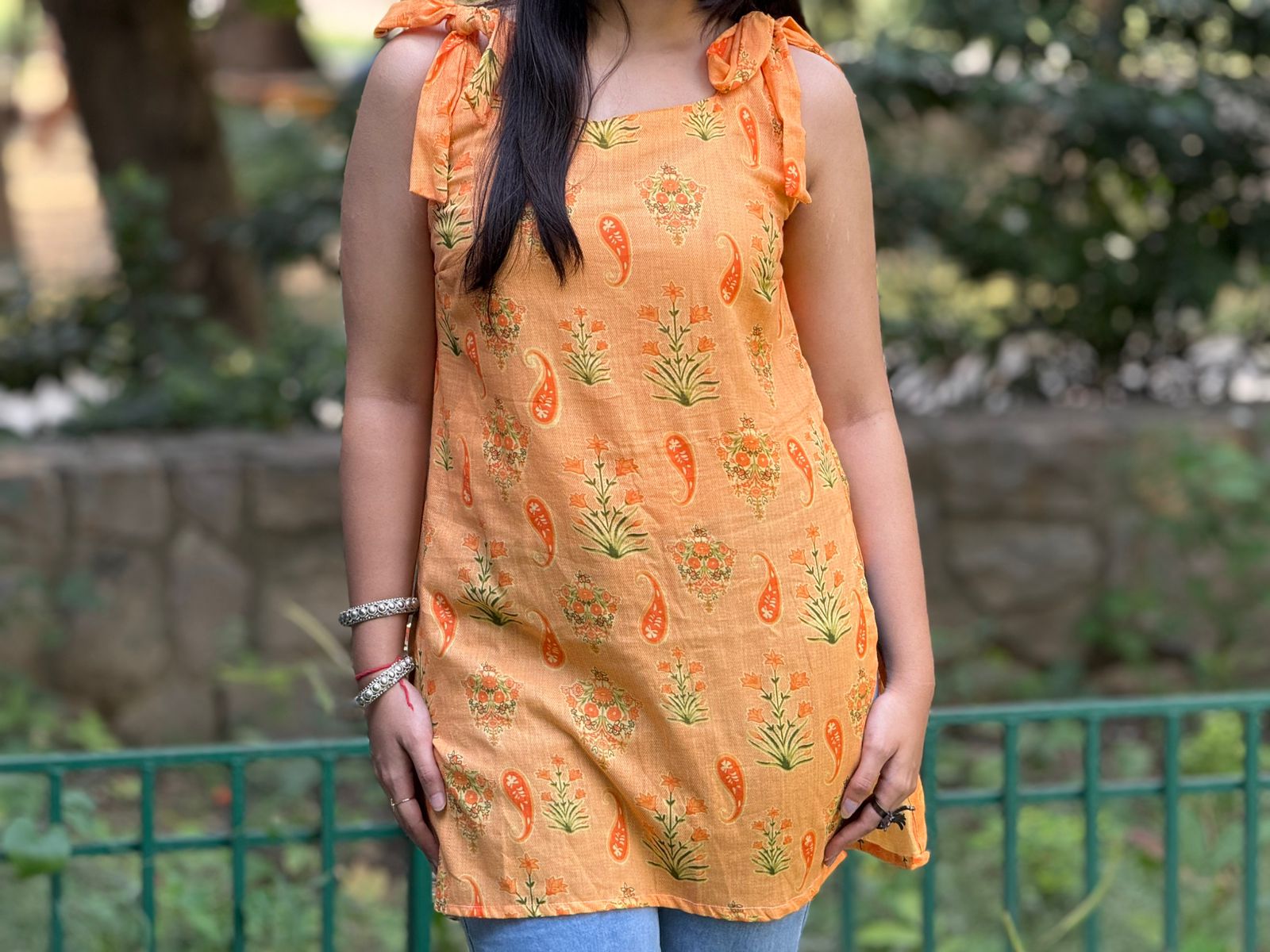 Orange Floral Printed Cotton Kurti with Tie-Up Shoulder to Straps with lace detailing at back