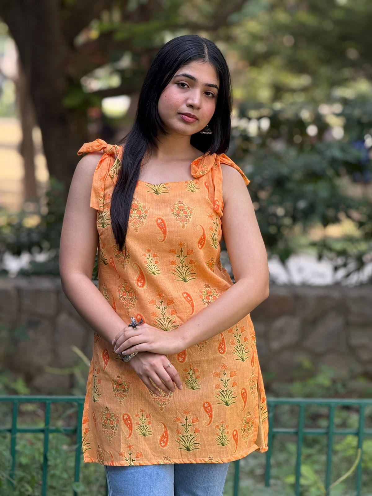 Orange Floral Printed Cotton Kurti with Tie-Up Shoulder to Straps with lace detailing at back
