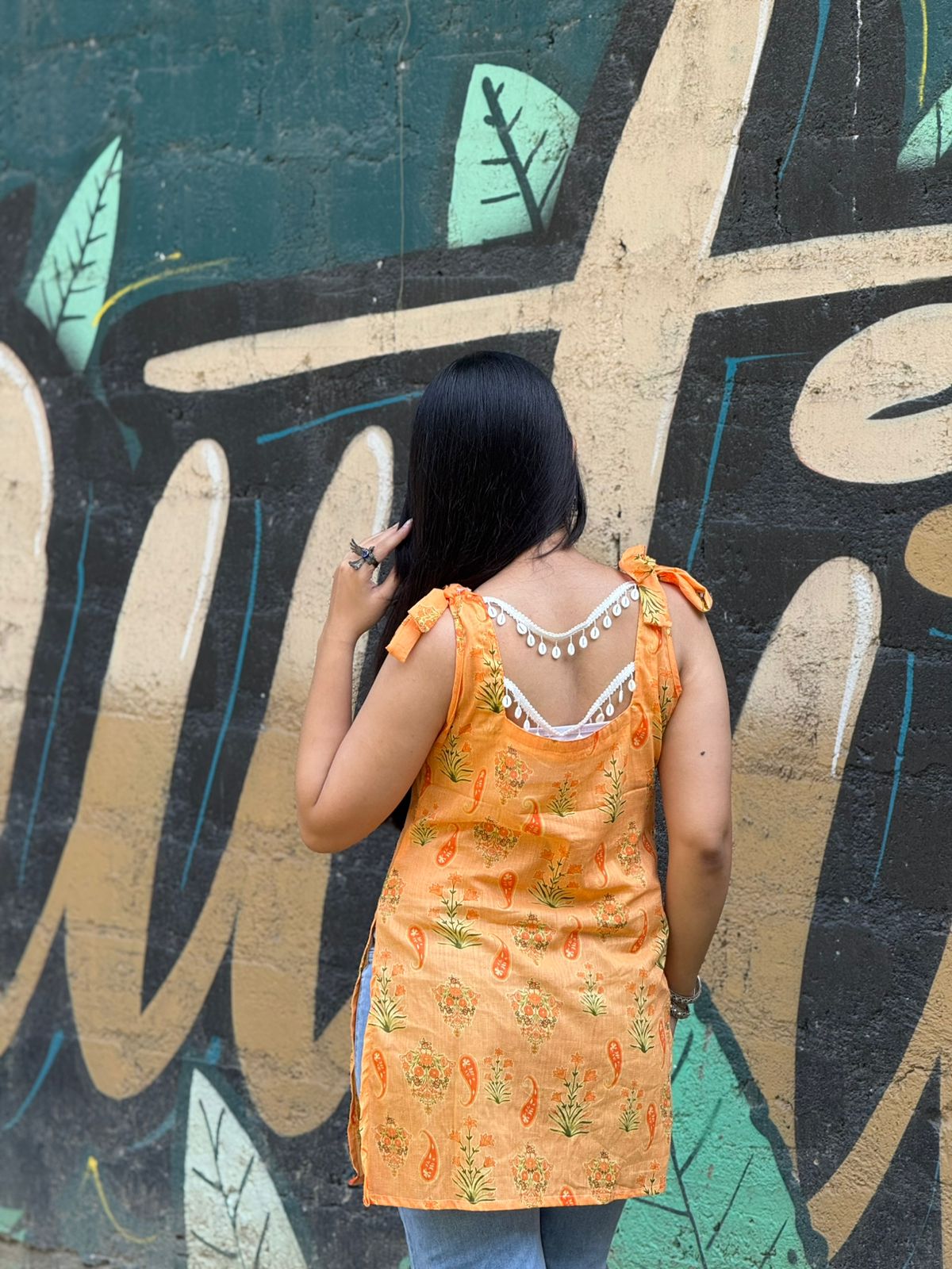 Orange Floral Printed Cotton Kurti with Tie-Up Shoulder to Straps with lace detailing at back