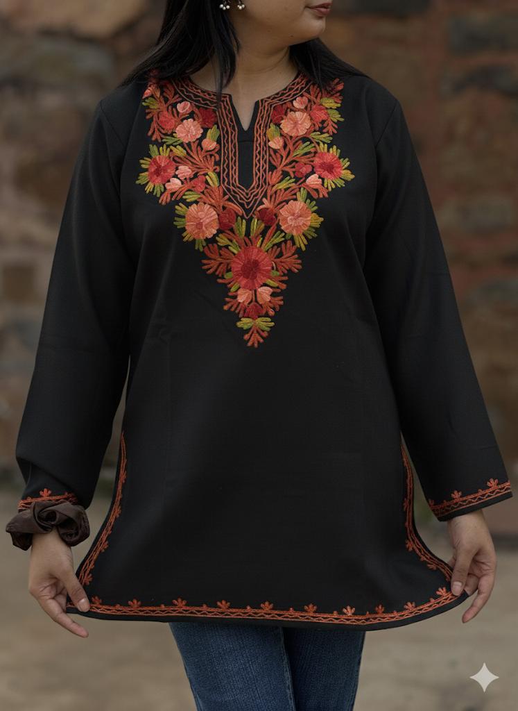 Deep Black Floral Kashmiri Embroidered Kurti – Elegant Everyday Ethnic Wear