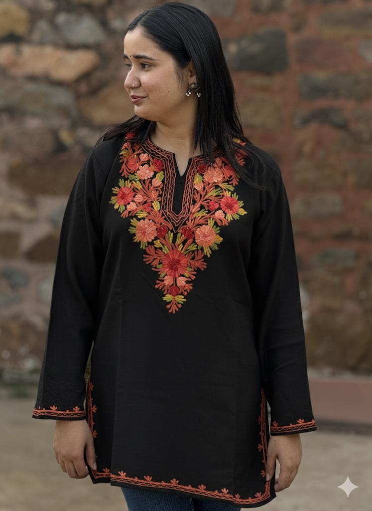Deep Black Floral Kashmiri Embroidered Kurti – Elegant Everyday Ethnic Wear